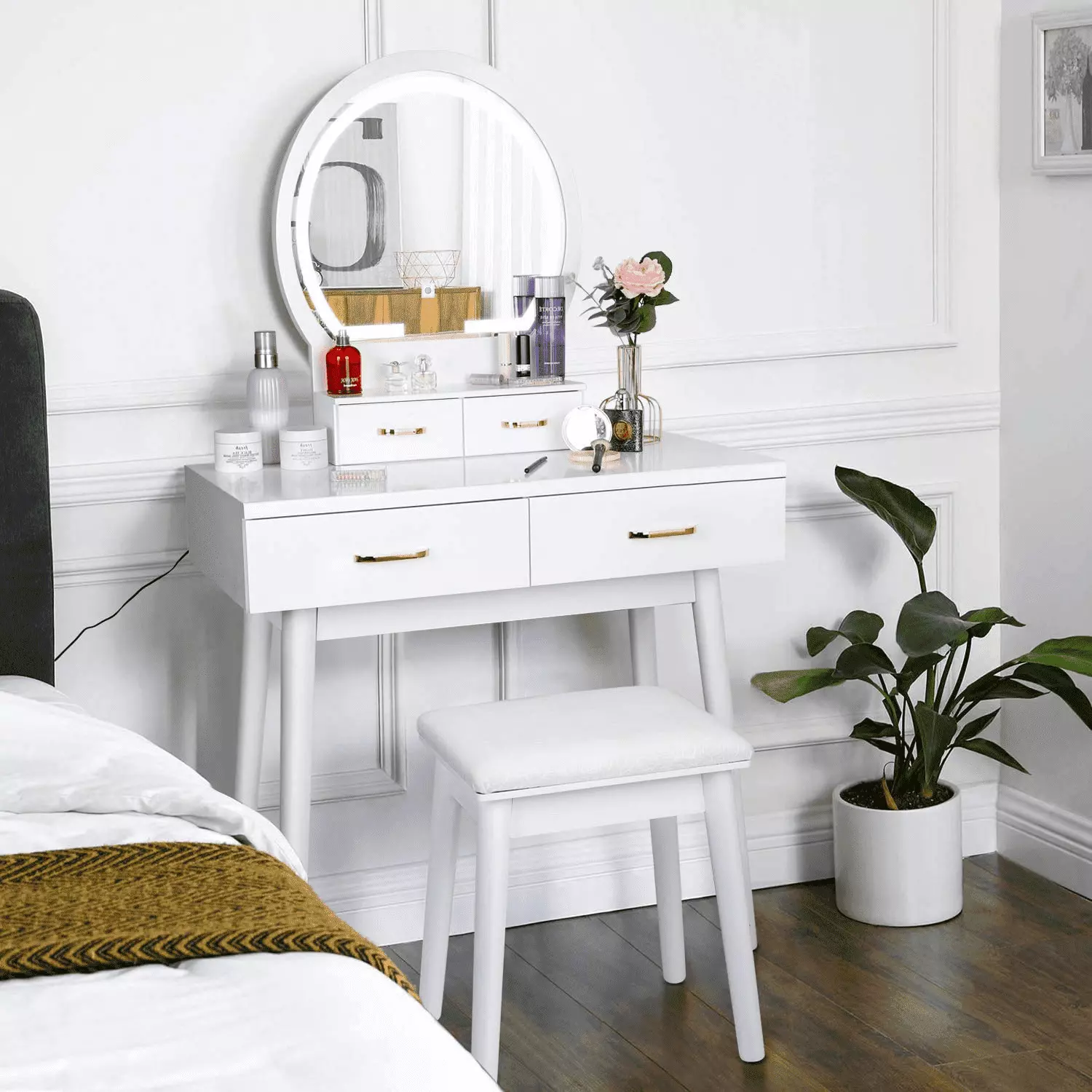 RichYa Modern Small Vanity Desk with Mirror and Drawers and Lights.Bedroom. Makeup Table Set for Girls.Women.White