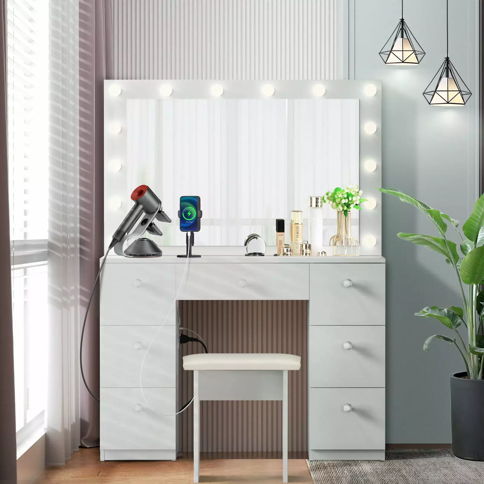 RichYa Modern Makeup Vanity Desk with Lighted Mirror and Sturdy Stool.White Small Makeup Table Sets