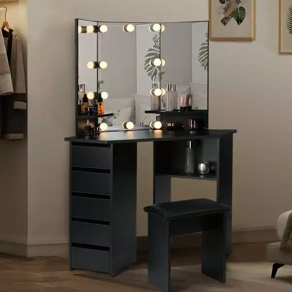 Richya Modern Vanity Desk Set with Mirror and Lights.Makeup Table Set with 5 Drawers for Bedroom.Living Room