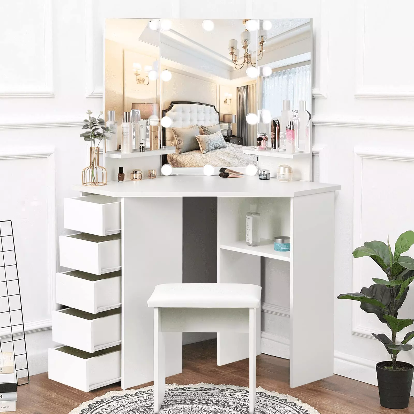 Richya Modern Vanity Desk with Mirror and Lights Adjustable Brightness with 5 Drawers