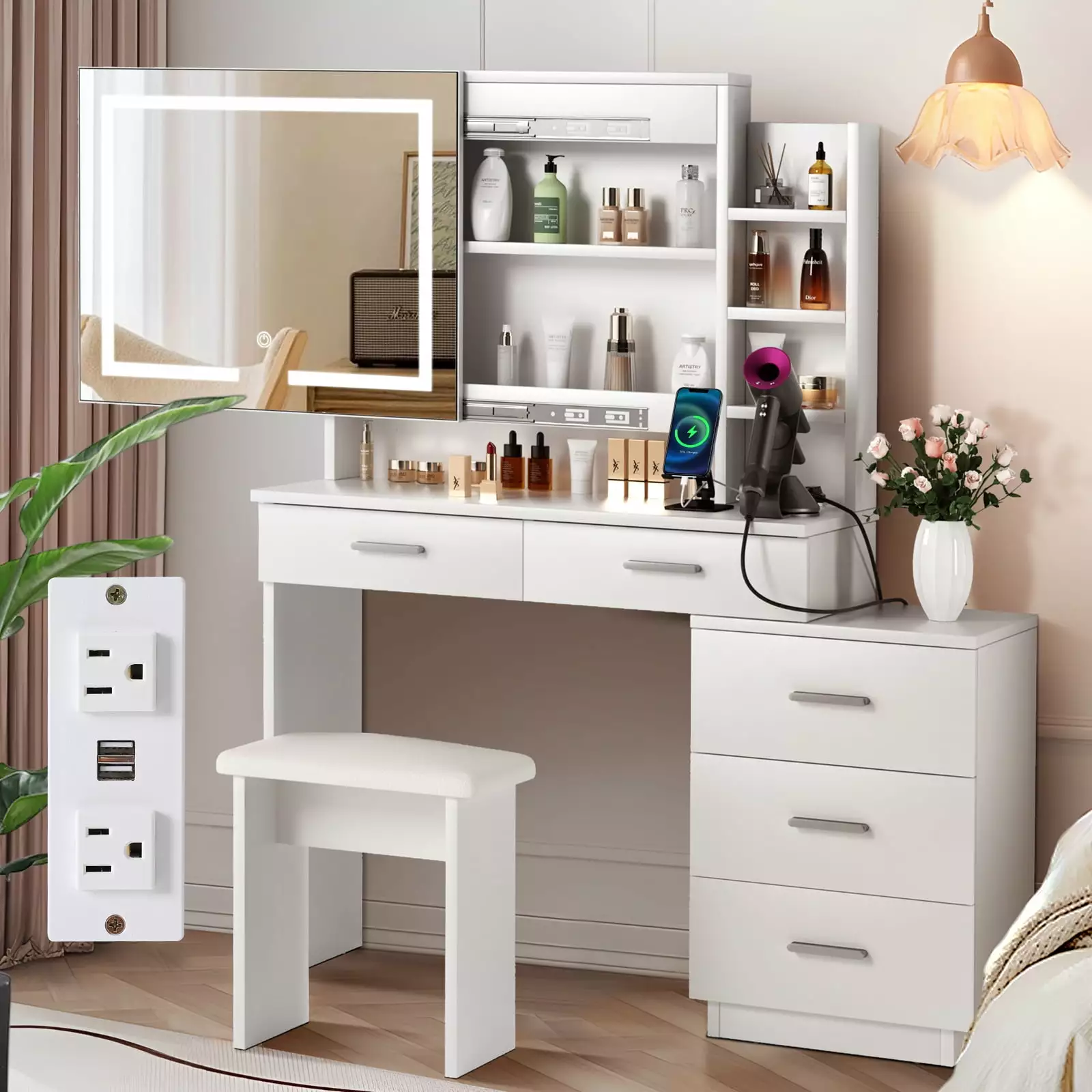 Richya Modern White Makeup Vanity Desk Set with Sliding Mirror and Lights.Dresser Makeup Table with Stool and Drawers