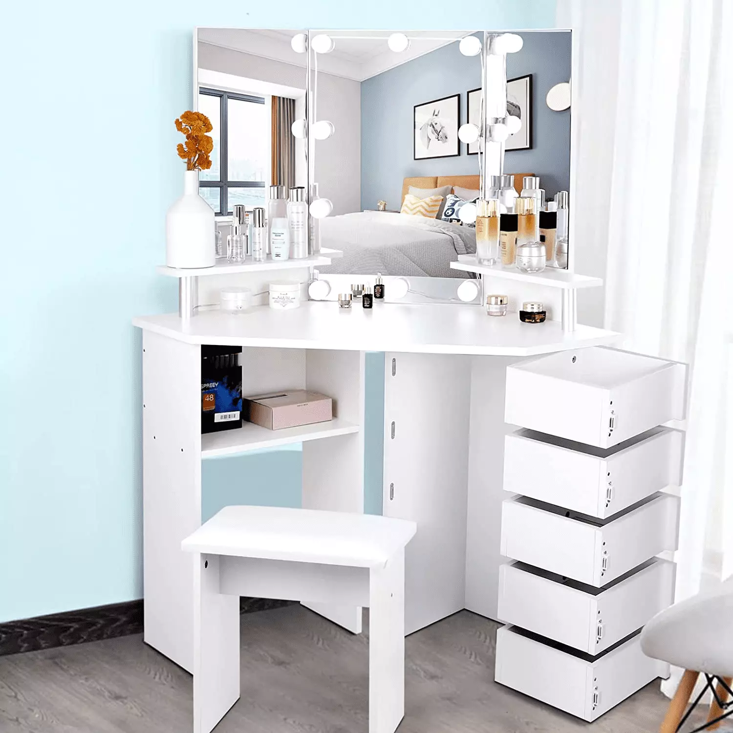 Richya Modern White Vanity Desk Set with Mirror and Lights and Drawers. Sturdy Makeup Table for Bedroom