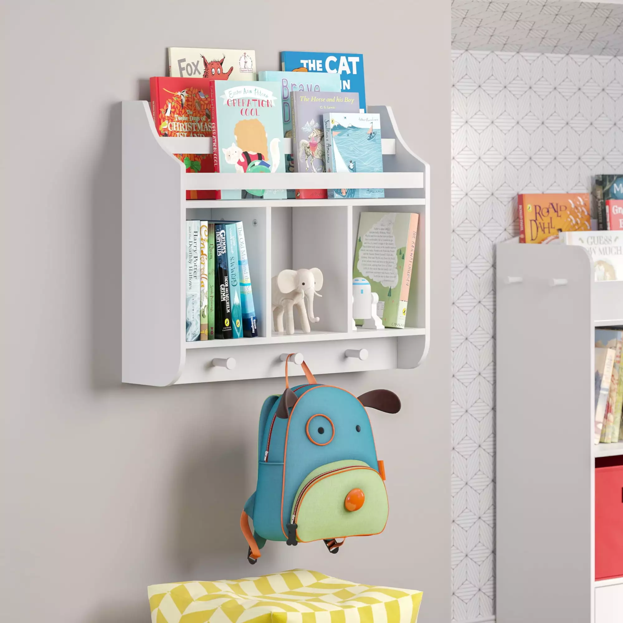 RiverRidge Home Book Nook Collection Kids Wall Shelf with Cubbies and Book Rack