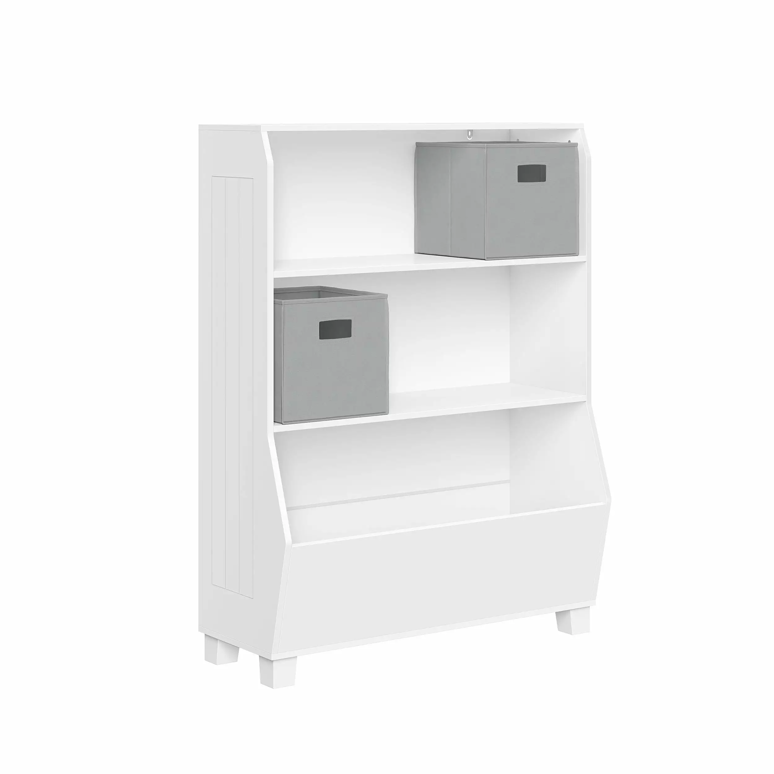 RiverRidge Kids 34in Playroom Bookshelf with Veggie Bin Organizer. 2 Open Toy Storage Shelves. and 2 Gray Fabric Bins