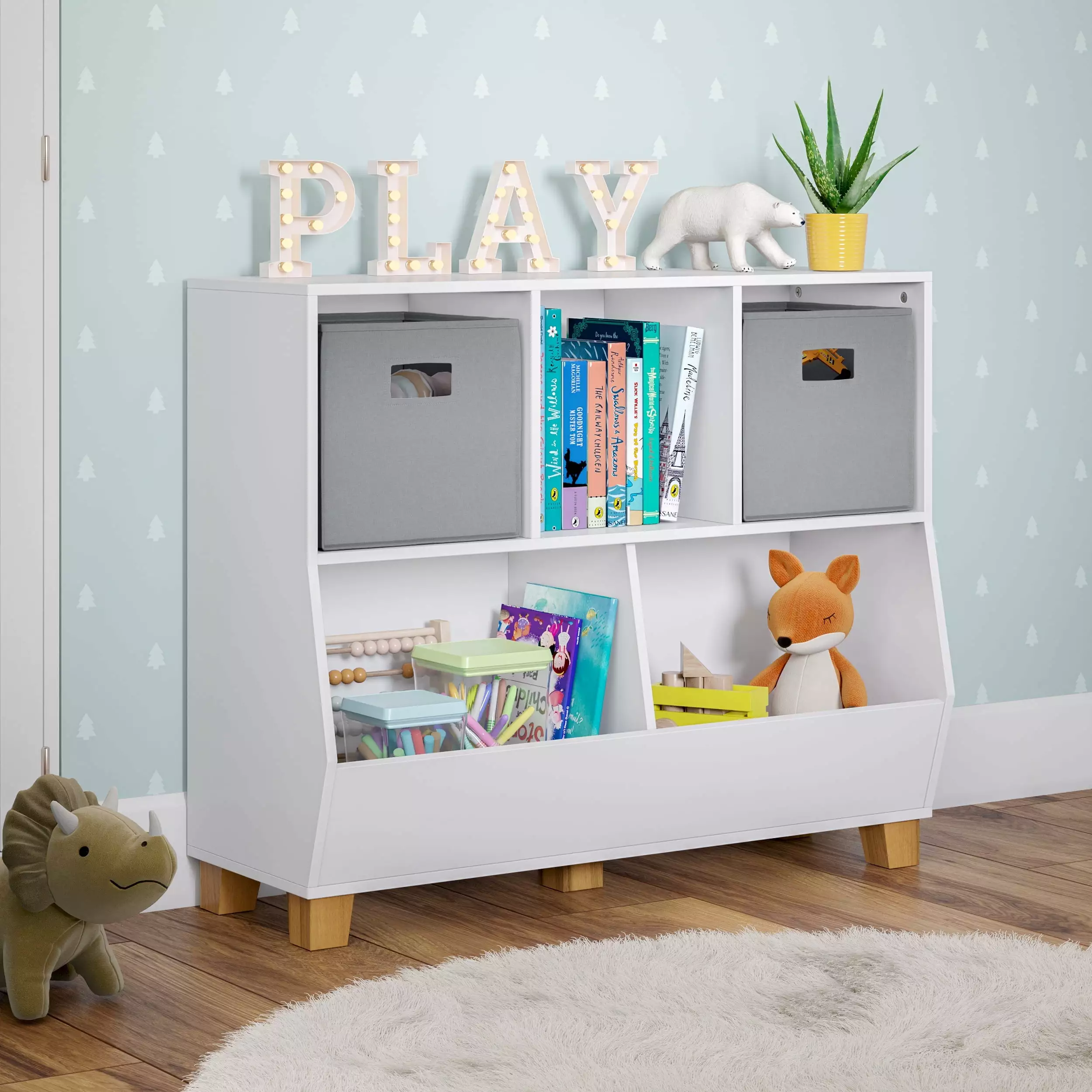 RiverRidge Kids Catch-All Playroom 35in Toy Storage Organizer with 3 Cubbies and 2 Storage Compartments - White with 2 Gray Fabric Bins