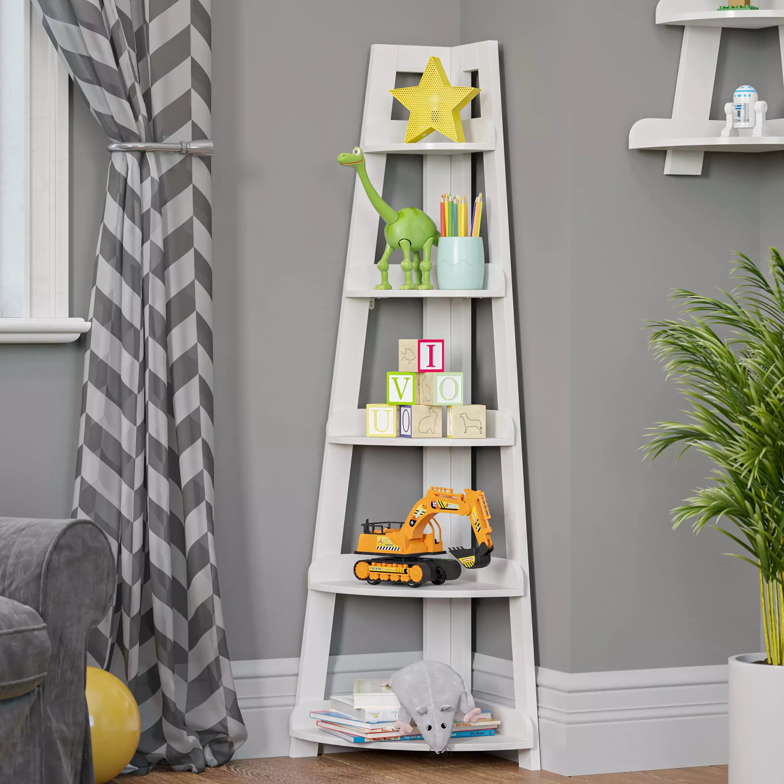 RiverRidge Kids 5-Tier Corner Ladder Shelf. White