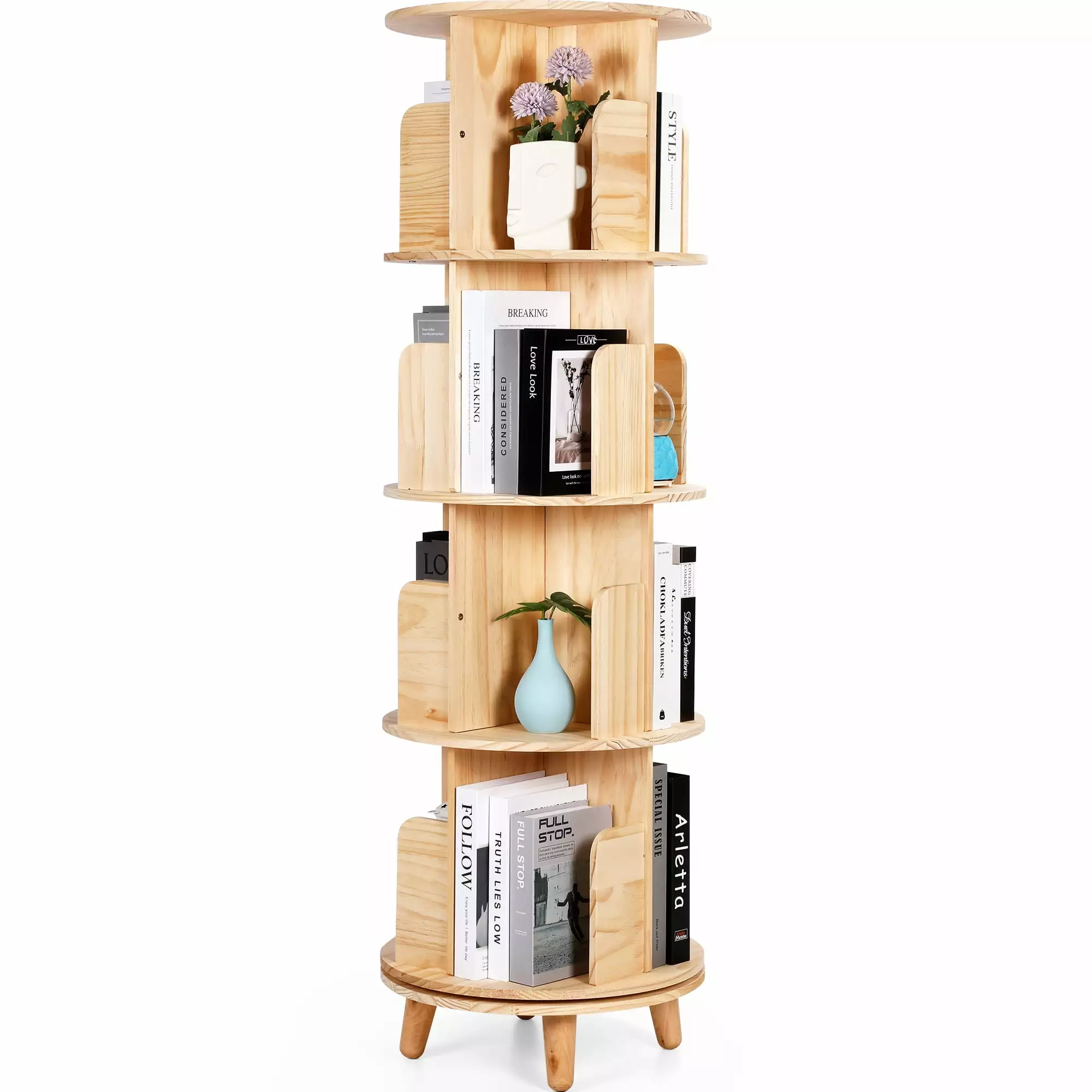 Rotating Bookshelf. 360 Display Spinning Bookshelf 4 Tier Revolving Bookcase Solid Wood Corner Bookshelf Organizer Display Shelf for Kids&Adults. 18 Wide. Natural