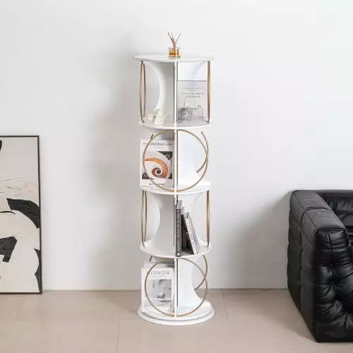 Rotating Bookshelf..4 Tier Floor Standing Organizer.Modern Style.360??Rotation.Stable and Solid.Holds Books and Displays.Suitable for Living Room and Bedroom .White