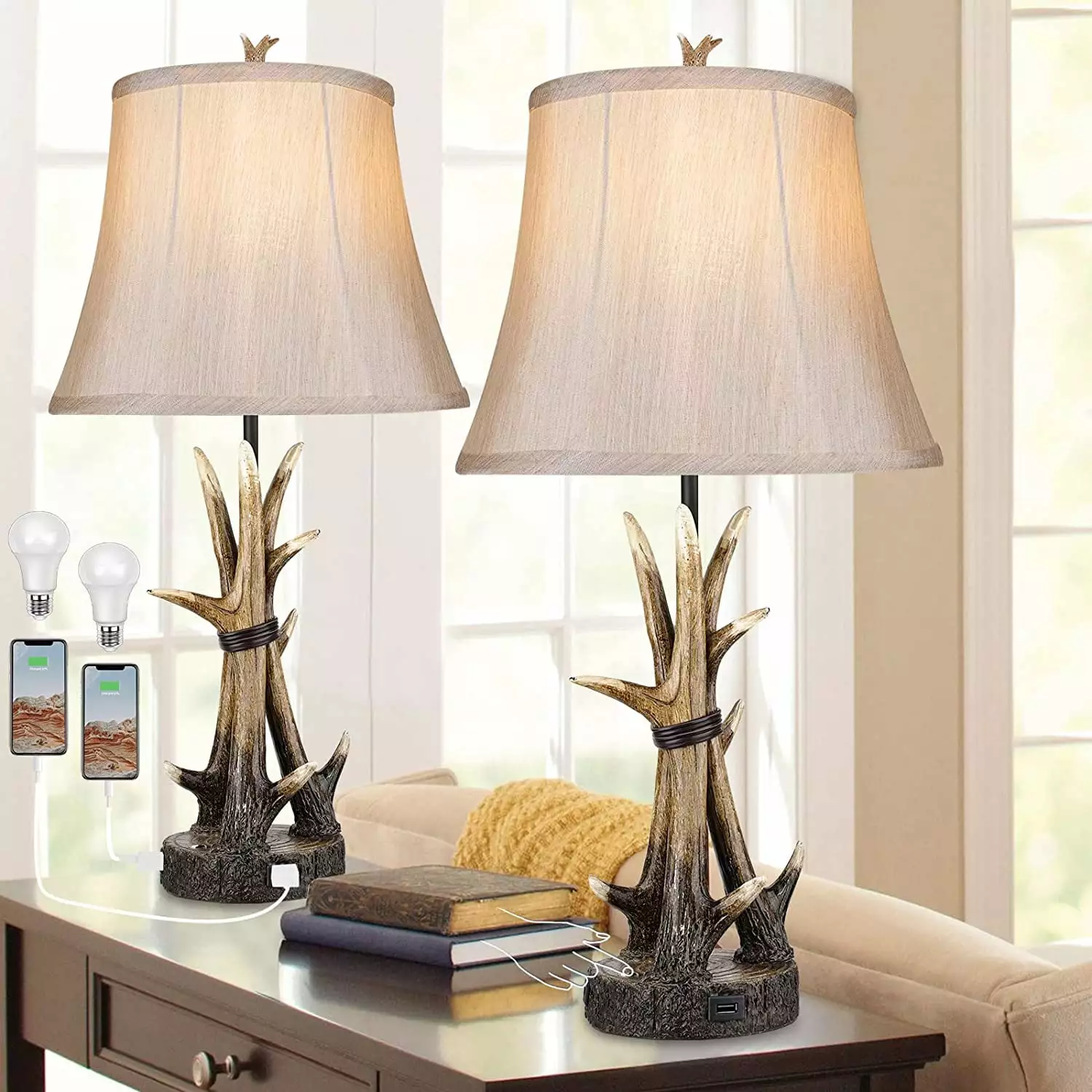 Rottogoon Rustic Table Lamps for Living Room Set of 2 Antler Western Lamp with USB Port Resin