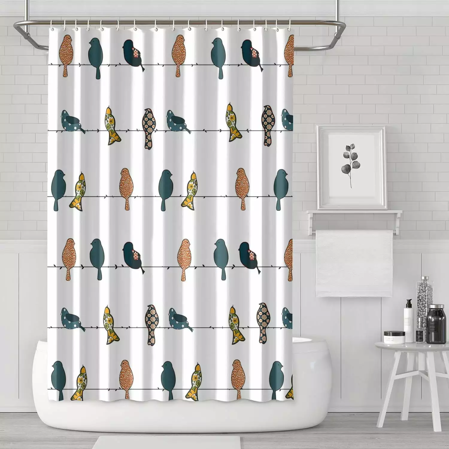 Rowley Birds Shower Curtain - Floral Animal Bird Print Design for Bathroom. 72 x 72. Multicolor