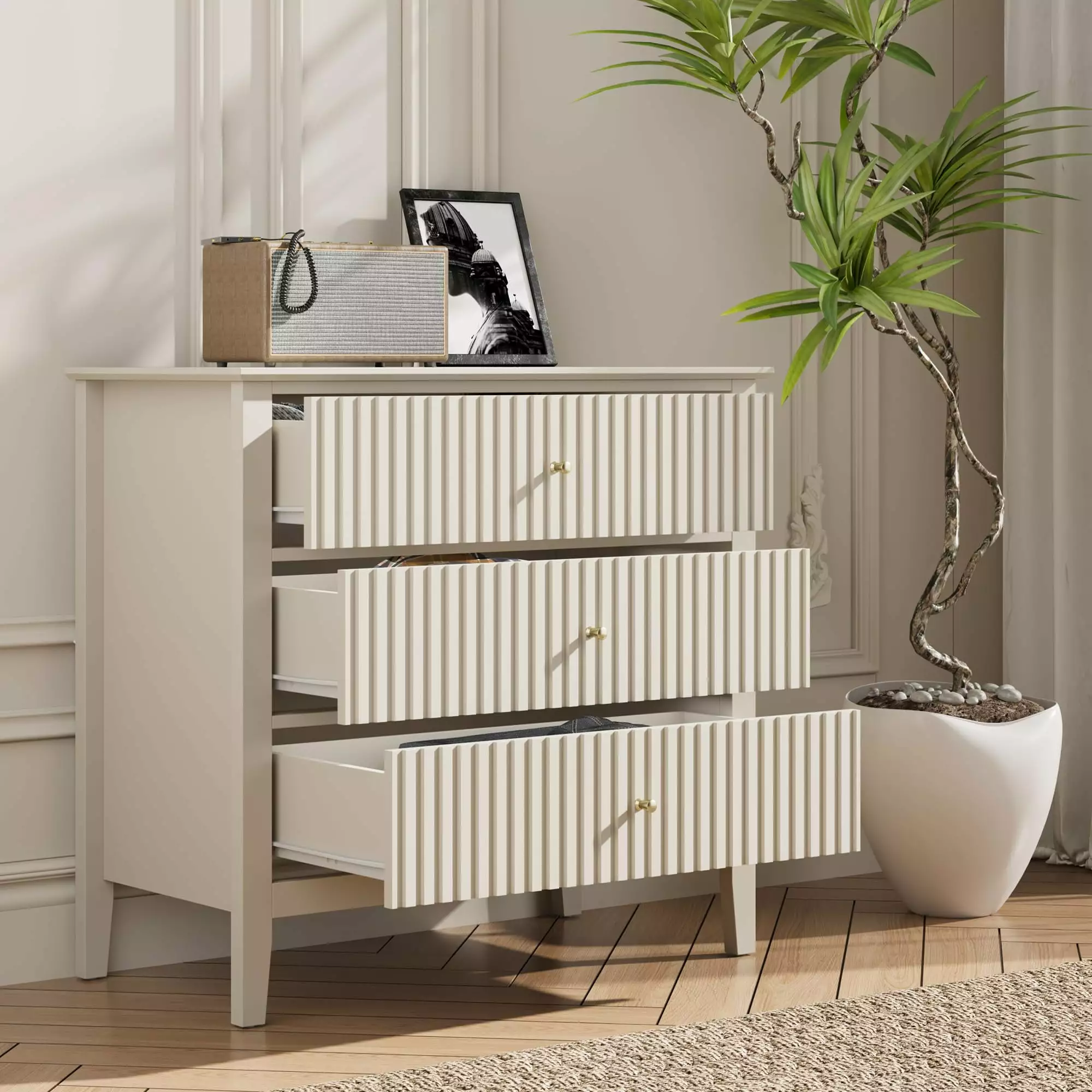 RoyalCraft Fluted 3 Drawer Dresser. Wide Chest of Drawers with Ball Bearing Slide Modern Nightstand Cabinet Wood Dresser with Spacious Storage for Bedroom. Hallway. Living Room. Entryway. Beige