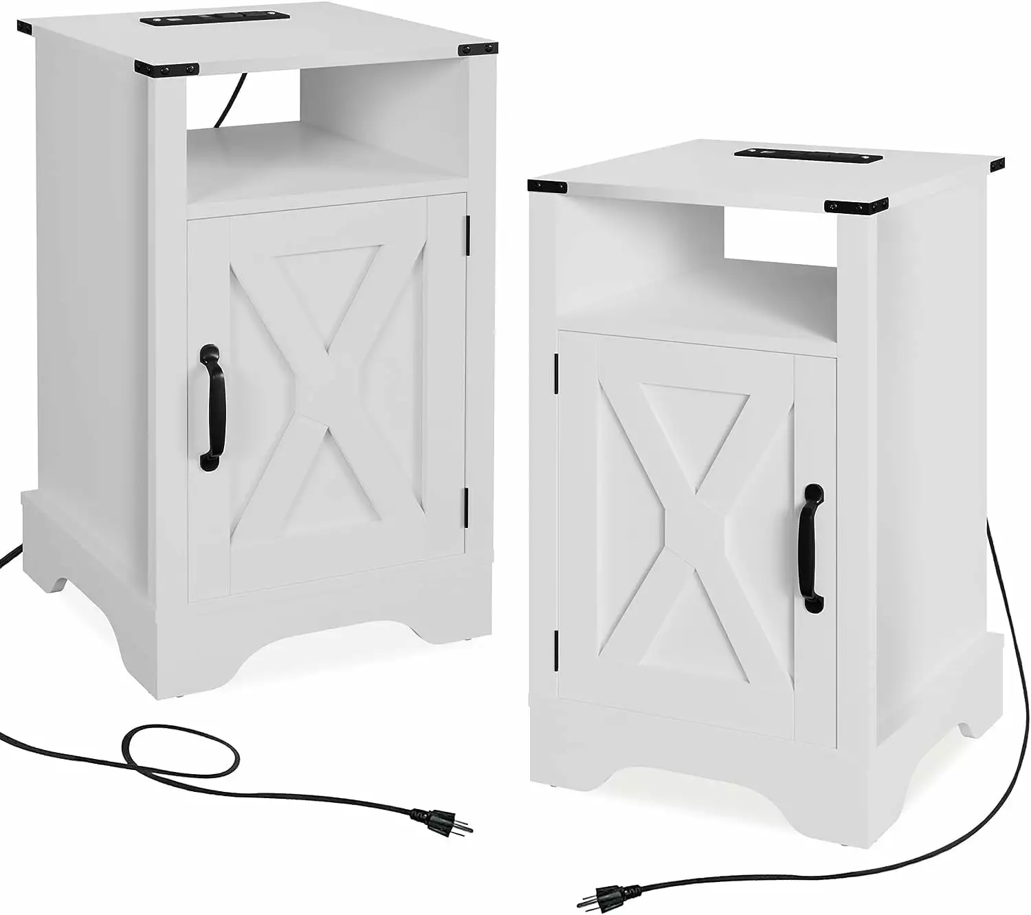 RoyalCraft White Nightstand Set of 2. Farmhouse Bedside Table with Charging Station. Wooden Rustic End Table with Large Storage Cabinets Room and Shelf for Bedroom. Living Room. Solid White