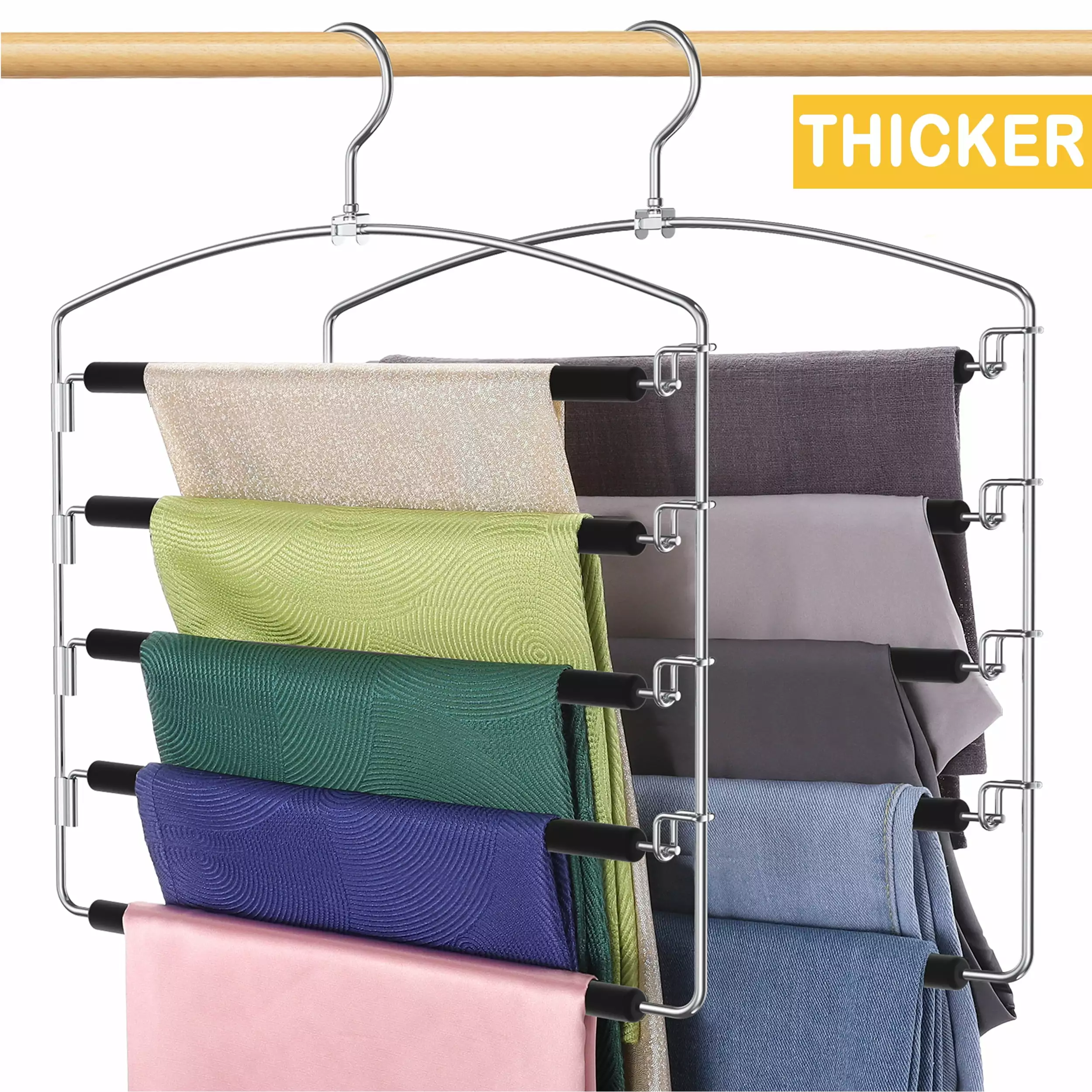 Roylvan Pants Hangers Space Saving. 5 Tier Non-Slip Hangers for Clothes Rack Scarf. Stainless Steel Hangers Pants Closet Organizers with Swing Arm. 2 Pack. Sliver