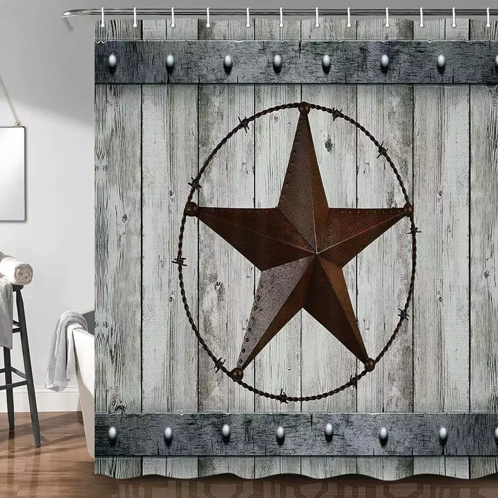 Rustic Barn Door Shower Curtain Set Southwestern Gray Wood Western Star Themed Bathroom Decoration.Vintage Farmhouse Bath Accessory Decor. Waterproof Fabric Cloth Curtains. Hooks Included 72X72