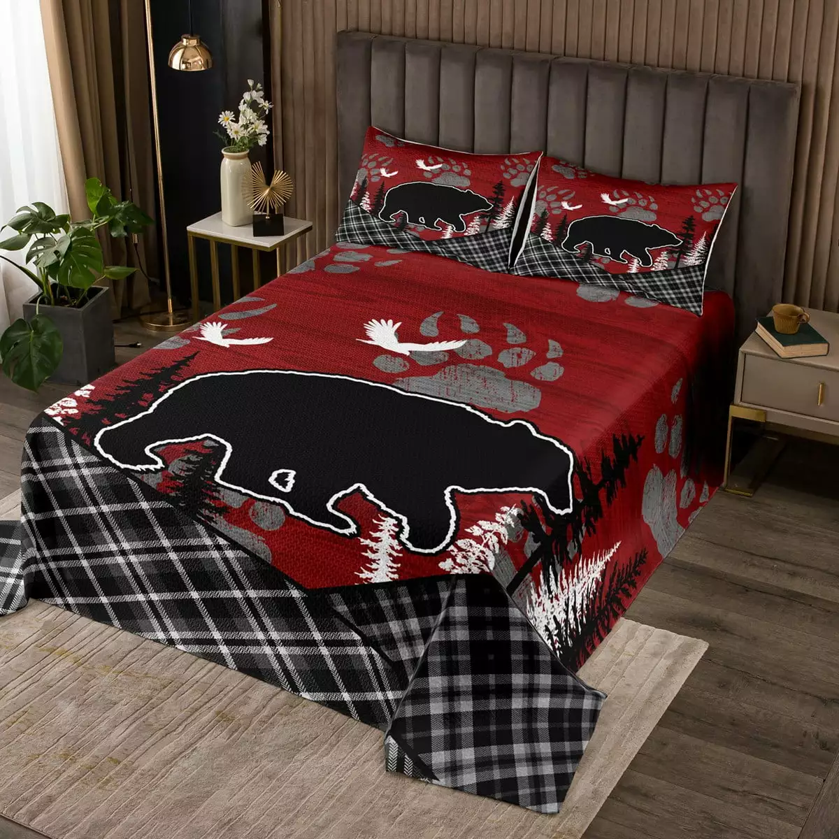 Rustic Bear Bedspread Set Checkered Buffalo Plaid Coverlet Set for Kids Teens Adult.Woodland Quilt Set Twin Animal Paw Print White Black Grid Lattice Patchwork Bed Set.Farmhouse Decor