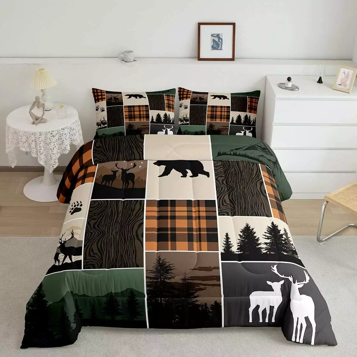 Rustic Cabin Comforter Set Twin Size. Hunting Bear Deer Down Comforter For Kids Teens Adult. Farmhouse Moose Quilt Vintage Plaid Tree Growth Ring Duvet Insert 2 Pcs With 1 Pillow Case. Grey Brown