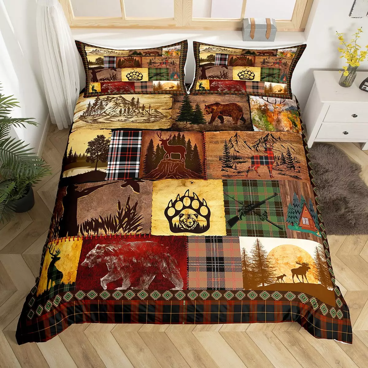 Rustic Cabin Lodge Bedding Set Patchwork Duck Bear Deer Moose Comforter Cover Twin For Adults Men Retro Farmhouse Buffalo Plaid Duvet Cover Hunting Woodland Wildlife Animal Bed Set 1 Pillow Case