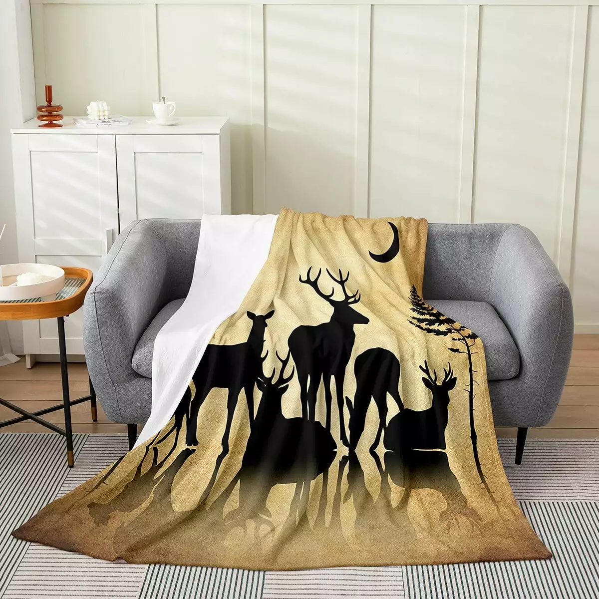 Rustic Deer Moose Flannel Fleece Blanket for Couch Bed Sofa. Farmhouse Cabin Lodge Decor Throw Blanket. Deer Silhouette Fuzzy Blanket. Retro Wildlife Hunting Theme Plush Bed Blanket. Throw Size