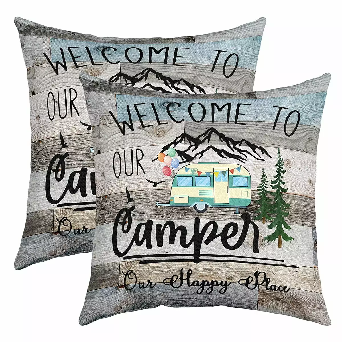 Rustic Farmhouse Camper Throw Pillow Covers 18x18 Inch Set of 2. Happy Camping Pillow Covers. Retro Old Barn Door Cushion Covers. Pine Tree Woodland Adventure Decorative Pillow Covers Bedroom Decor