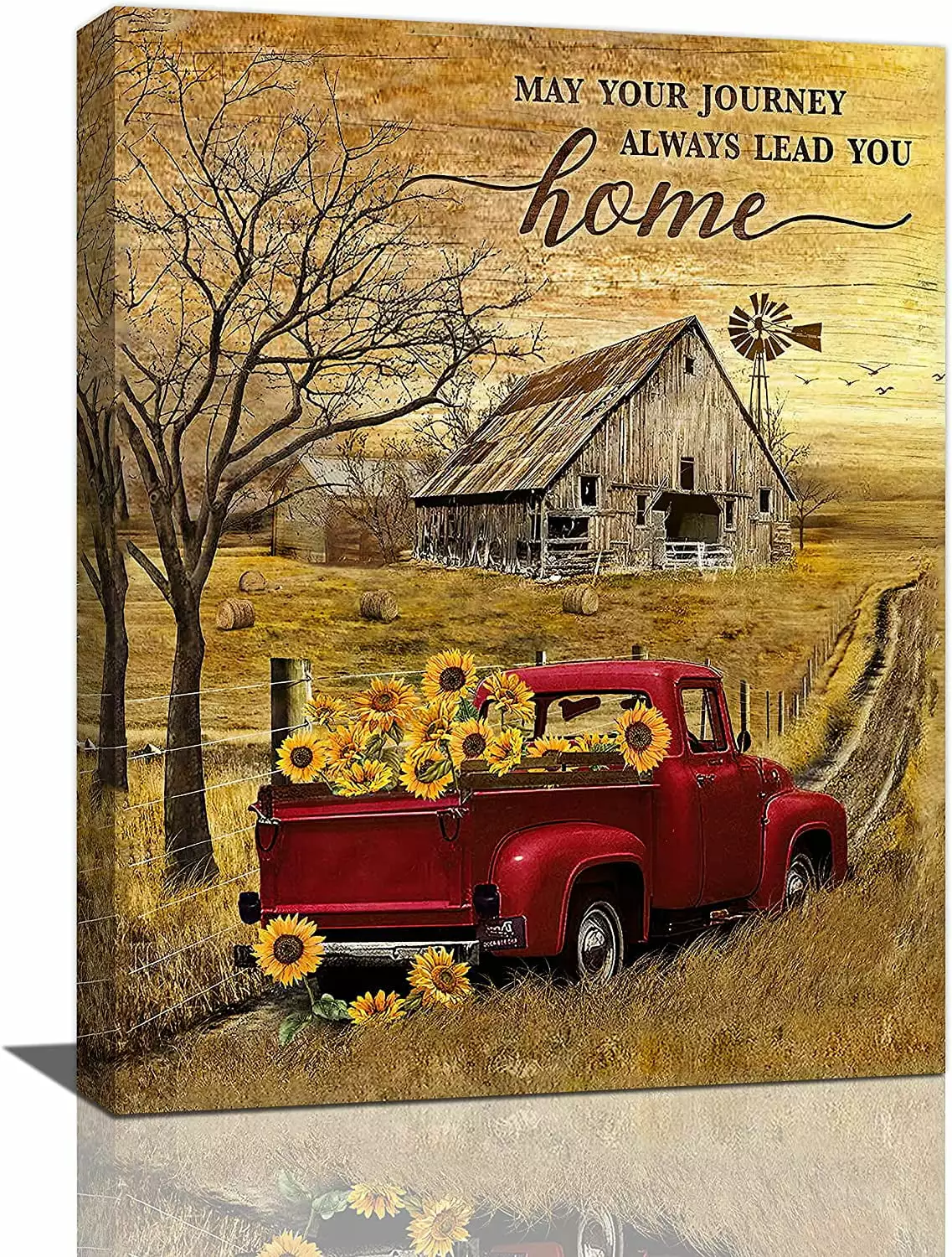 Rustic Farmhouse Red Truck Wall Art Country Farm Red Truck Sunflower Pictures Kitchen Wall Decor Inspirational Old Barn Painting Canvas Print Modern Home Artwork Decoration for Living Room 12x16