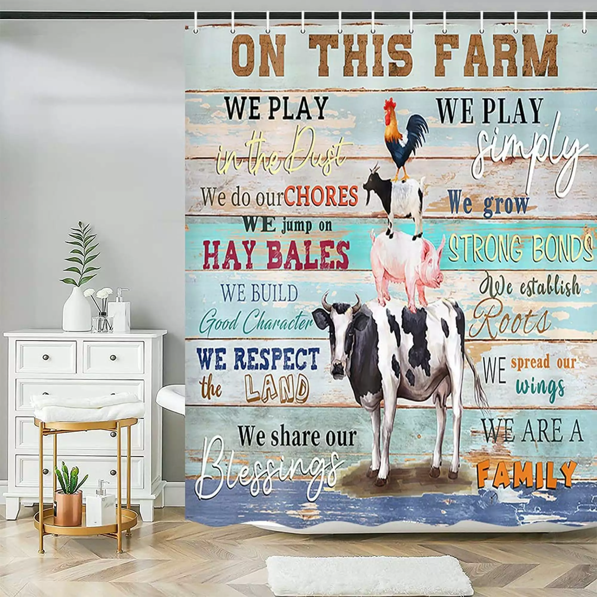 Rustic Farmhouse Shower Curtain. Cute Funny Farm Animals Cow Chicken Pig on Colorful Wooden for Kids Fabric Shower Curtains Set. Inspirational Quotes on Country Barn Door Bathroom Decor.72 x 72In