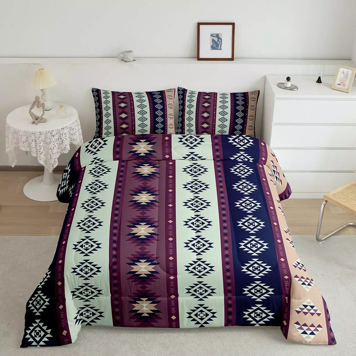 Rustic Southwestern Bedding Set Twin Western Boho Aztec Quilt Bedding Exotic Bohemian Comforter Set For Kids Adults Ethnic Tribal Geometric Triangle Bed Set Purple Blue Mint Green Room Decor 2 Pcs