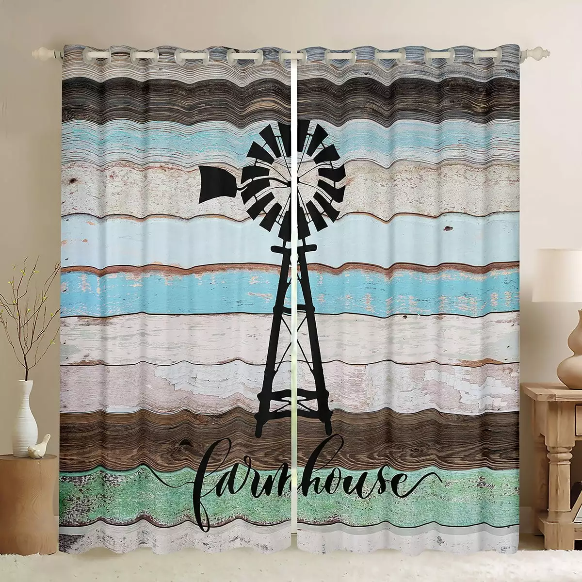 Rustic Windmill Blackout Curtains 3Pcs. Western Farmhouse Curtains Vintage Country Barn Door Curtains & Drapes 42Wx63L. Farmhouse Gifts For Women. Wood Plank Retro Window Treatments 2 Panels