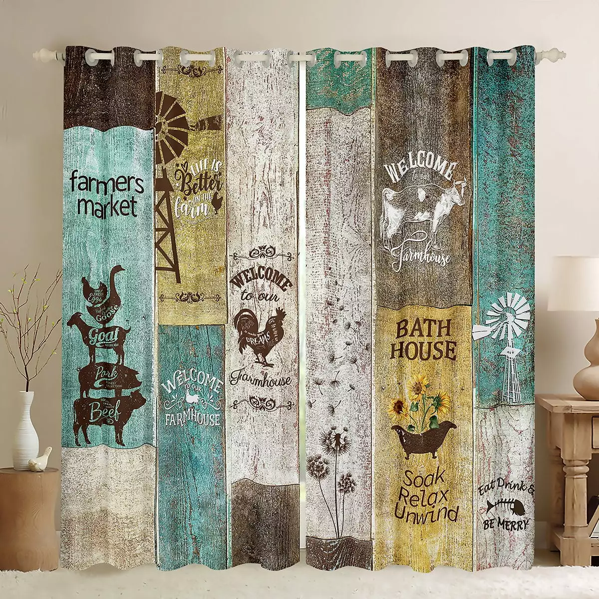 Rustic Windmill Farmhouse Curtains & Drapes For Bedroom.Vintage Country Farm Cow Curtains 42Wx63L.Country Barn Door Wooden Blackout Curtains Sunflower Butterfly Rooster Window Curtains Western Decor