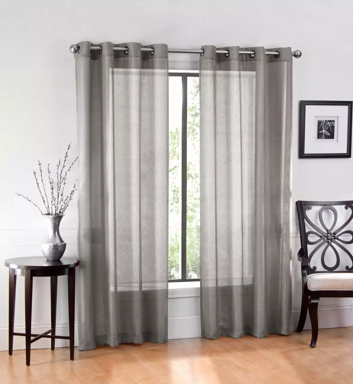 Ruthy's Textile 2 Piece Window Sheer Curtains Grommet Panels 54 X 63 Total 108 X 63 Inch Length for Kitchen.Bedroom/Living Room Color: Grey