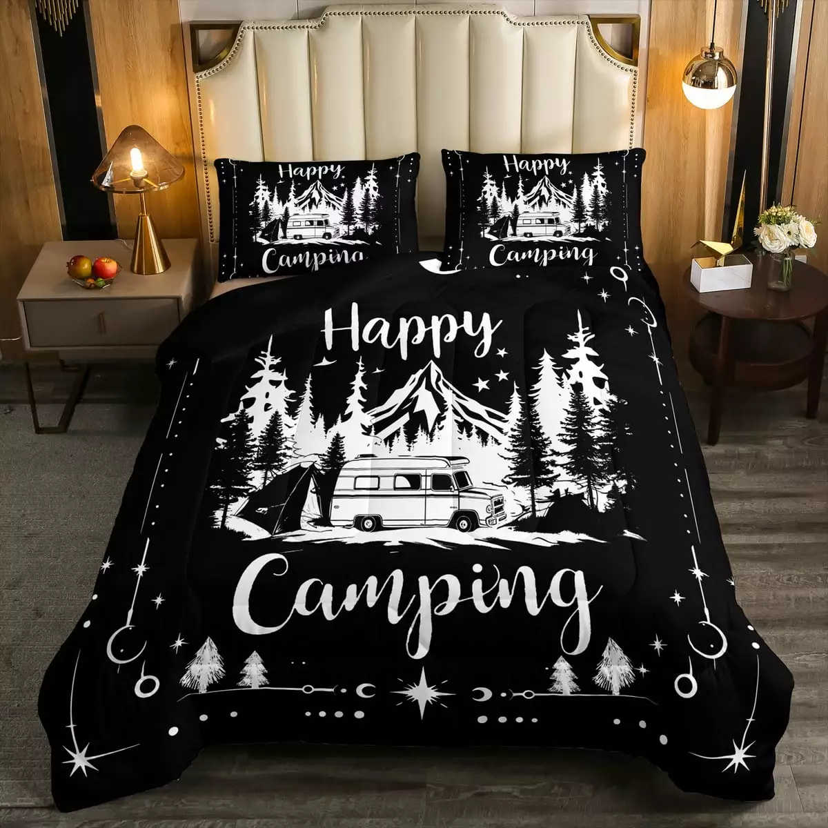 Rv Twin Comforter Set for Camper Decor Bedding Comforter Sets. Happy Camping Bedding for Boys Girls Kids Boho Sun and Moon Duvet Insert Black and White Starry Galaxy Quilt with 1 Pillowcase