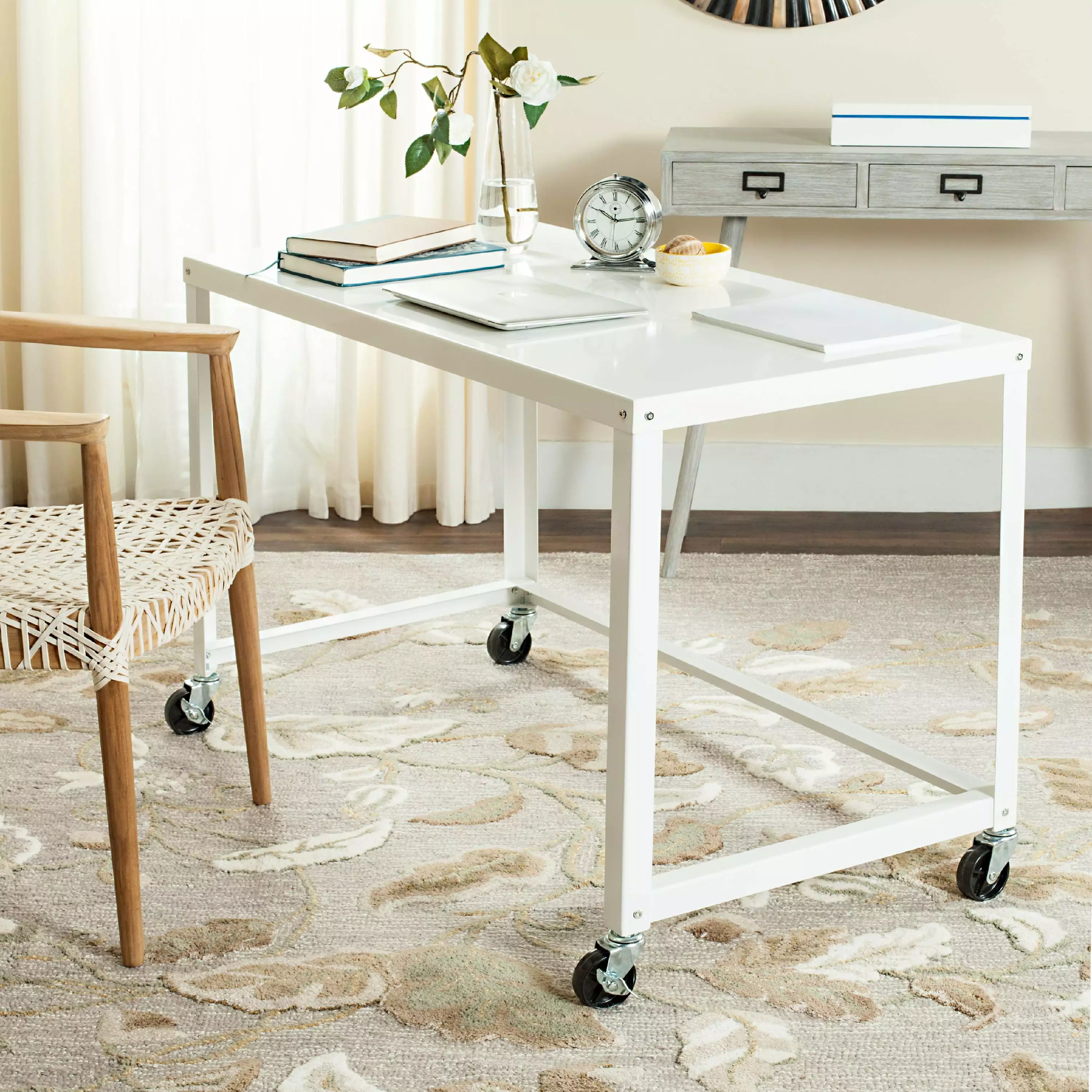 SAFAVIEH Bentley Modern Glam Writing Desk with Casters. White