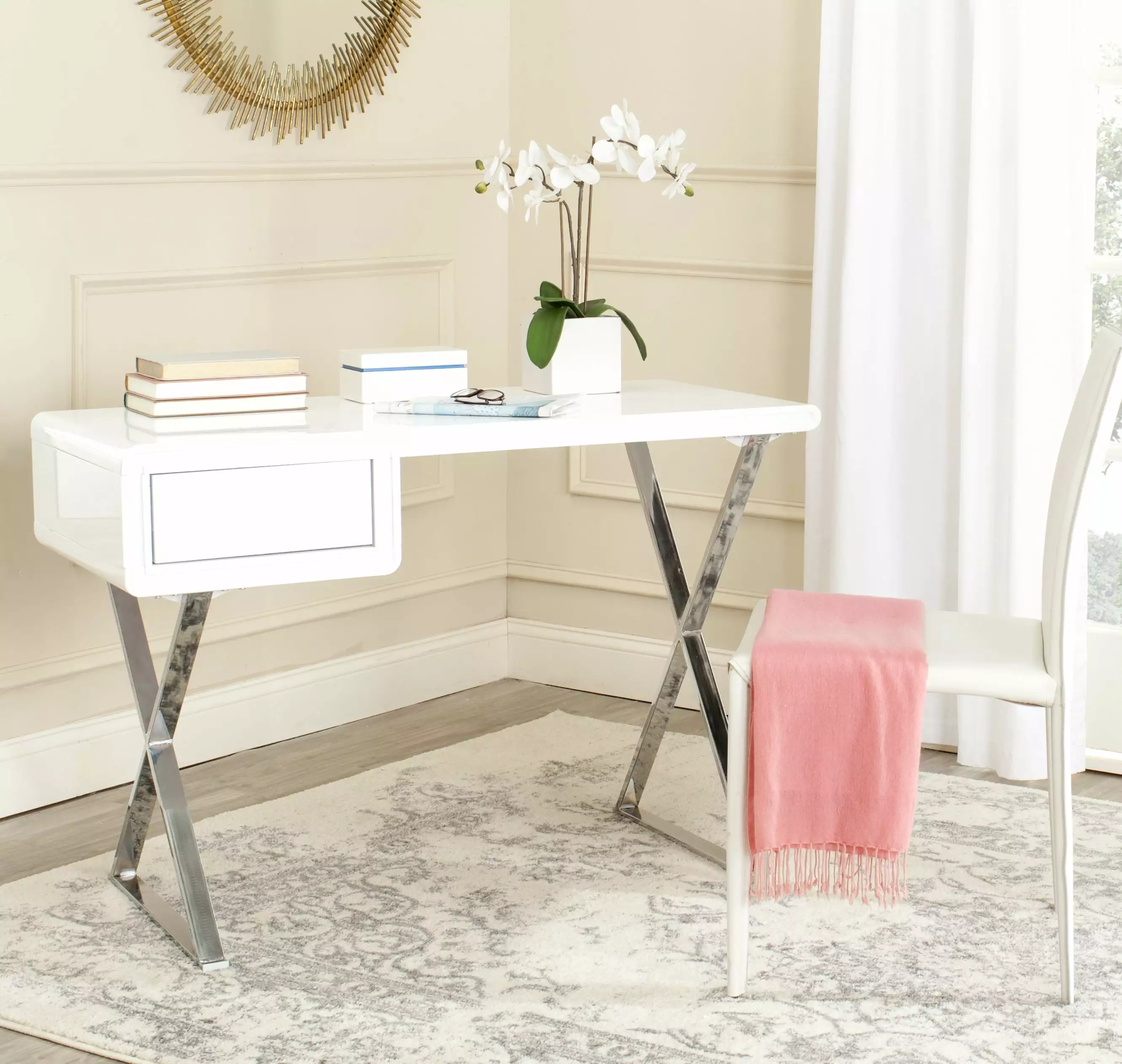 SAFAVIEH Hanover Modern Glam Desk with Pull-Out Drawer. White