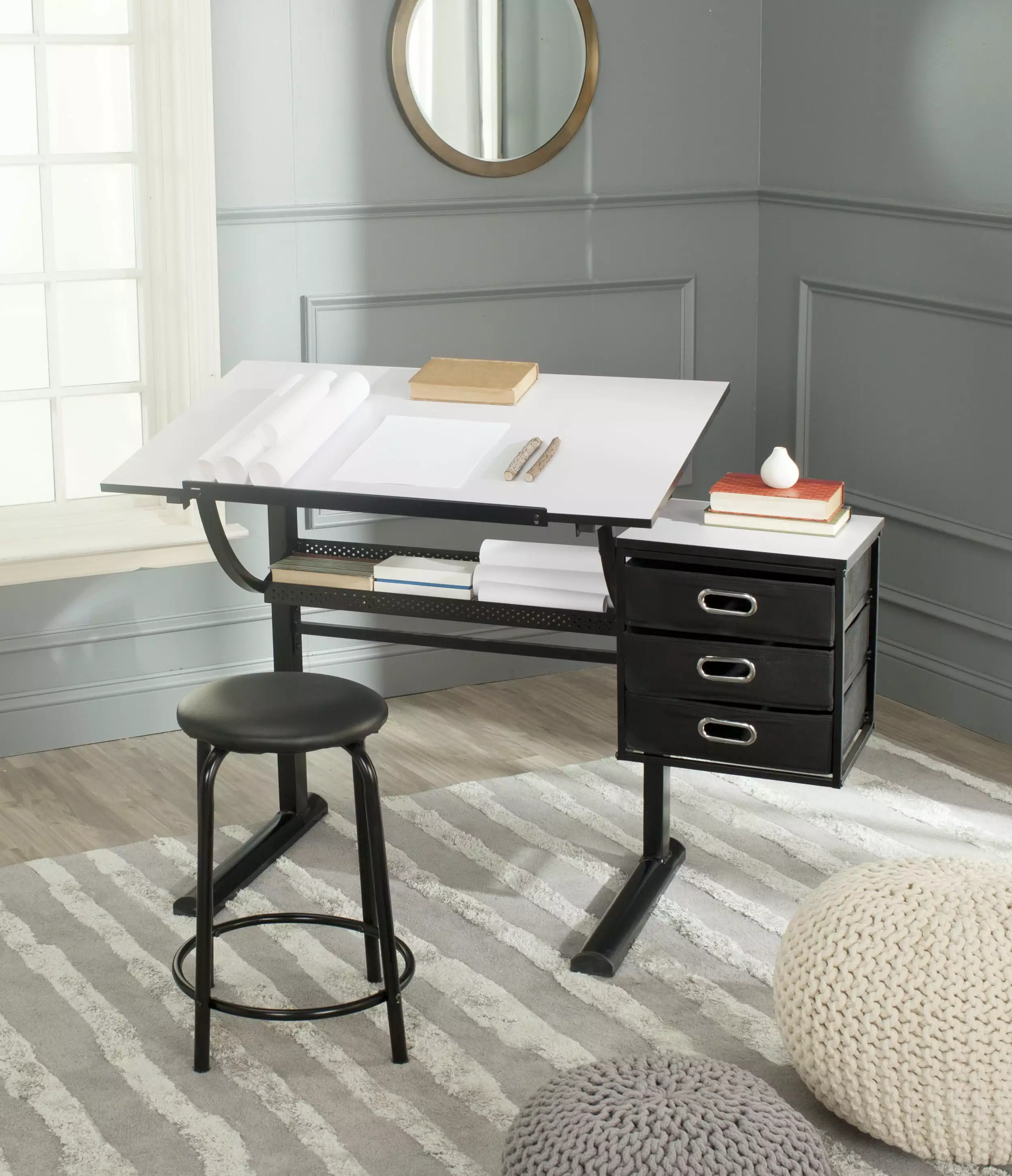 SAFAVIEH Harvard Rustic Solid Writing Desk with Stool. Black/White