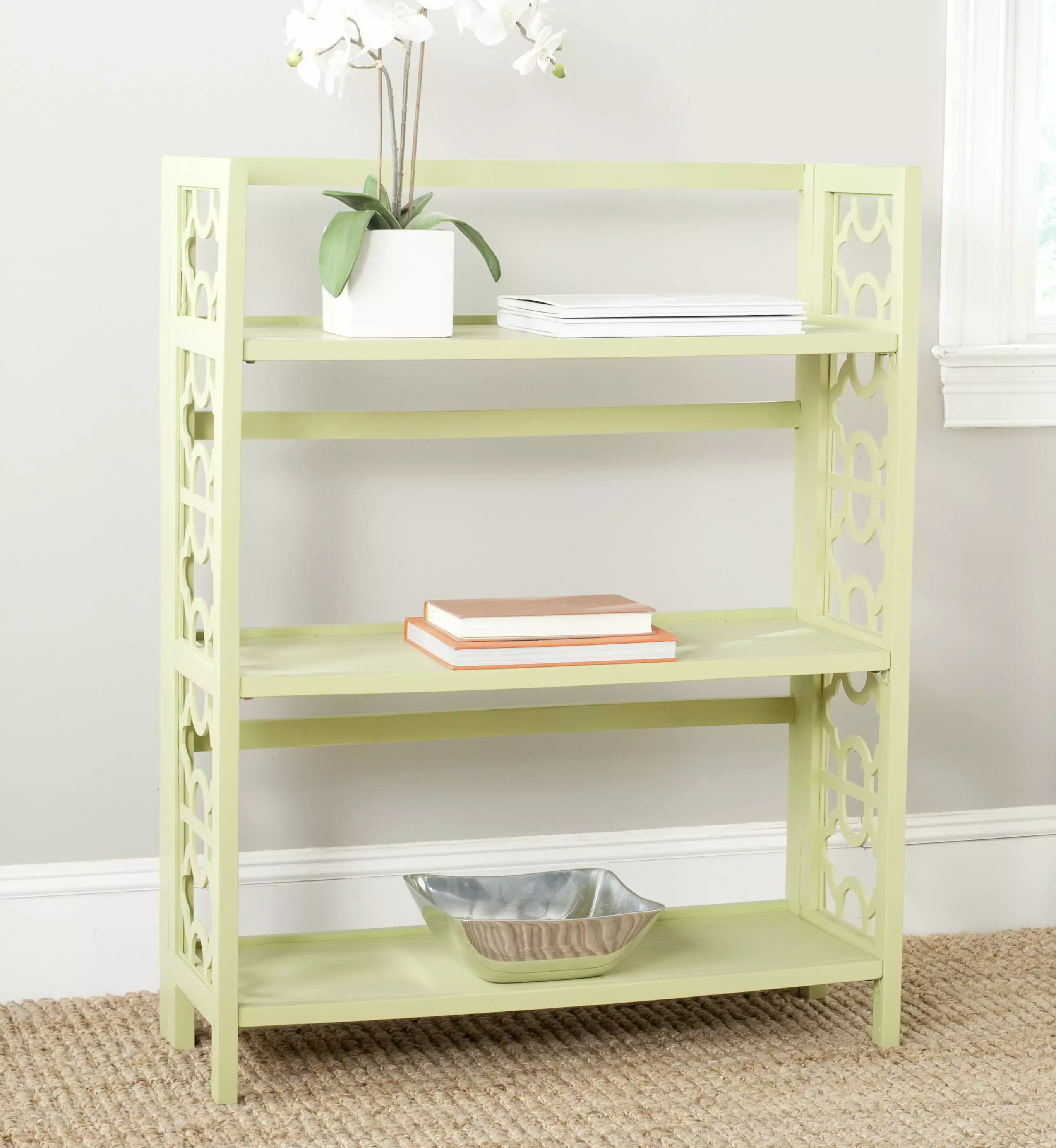 SAFAVIEH Natalie Geometric Rustic 3 Tier Low Bookcase. Split Pea