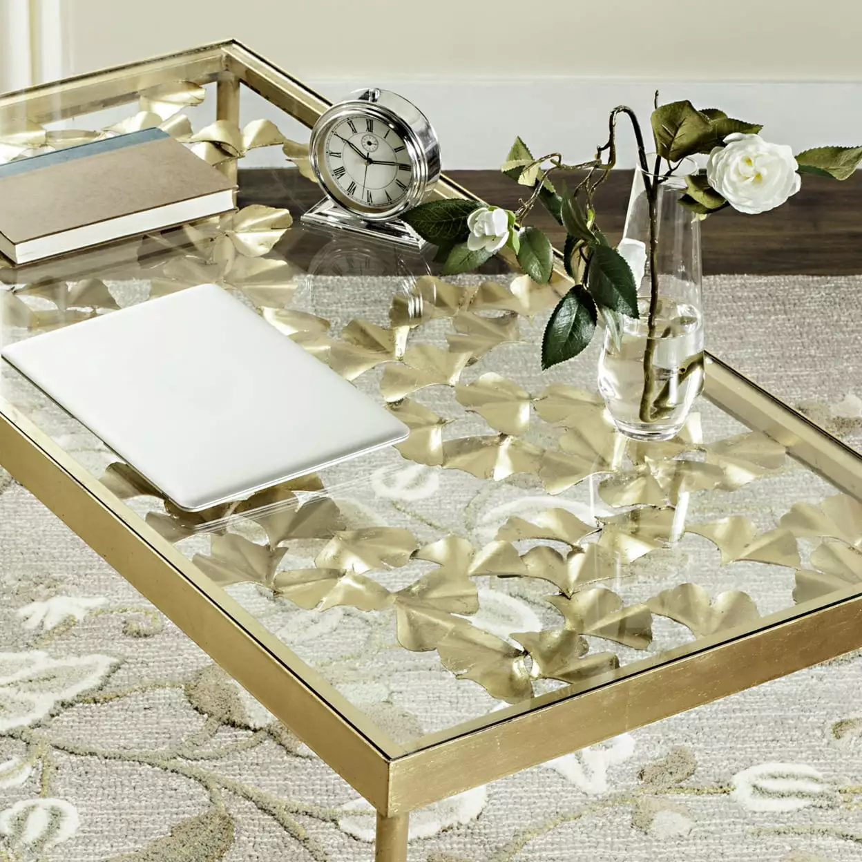 SAFAVIEH Otto 29.5 Ginkgo Leaf Glass Top Desk. Gold/Clear