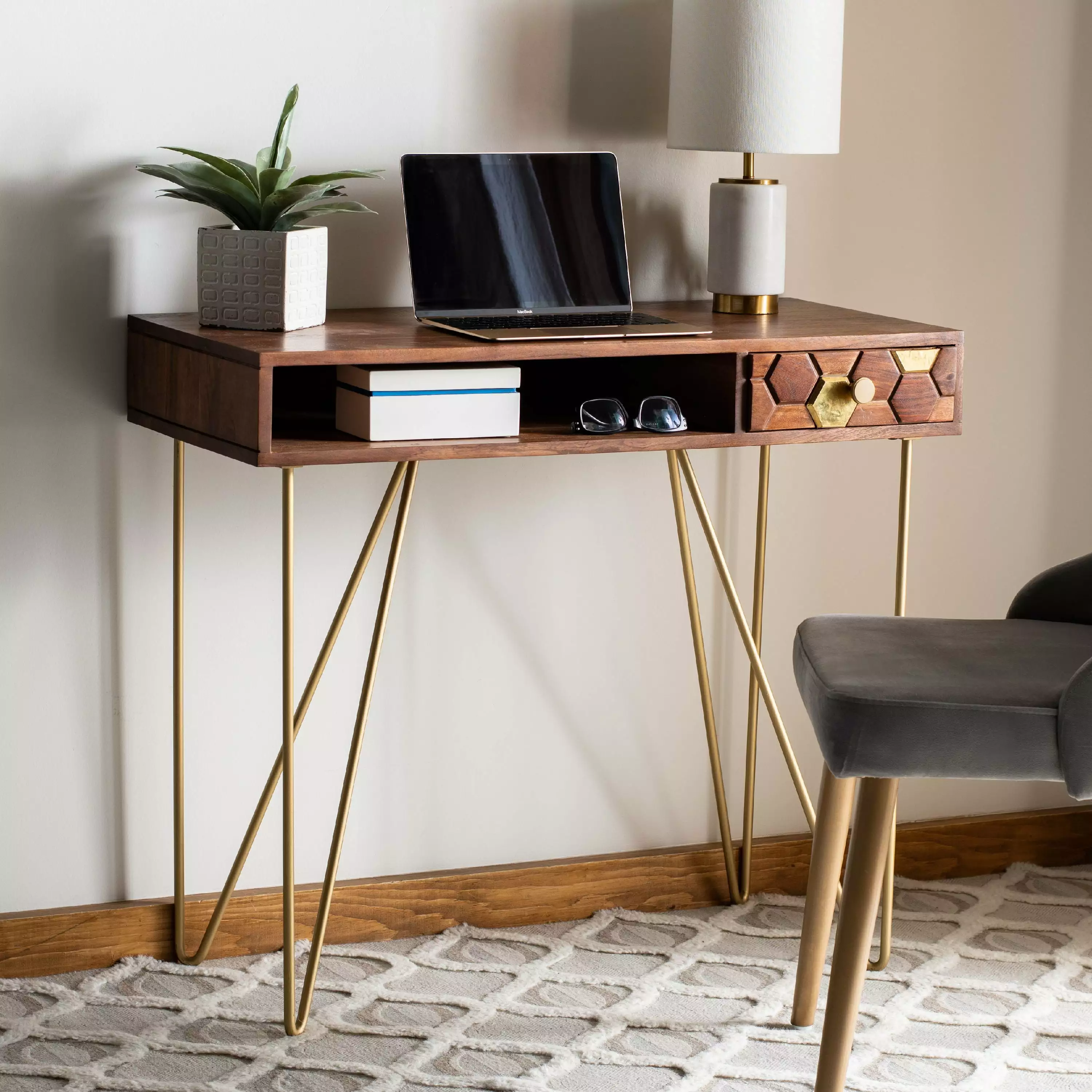 SAFAVIEH Raveena Mid-Century w/ Drawer Writing Desk. Walnut/Brass