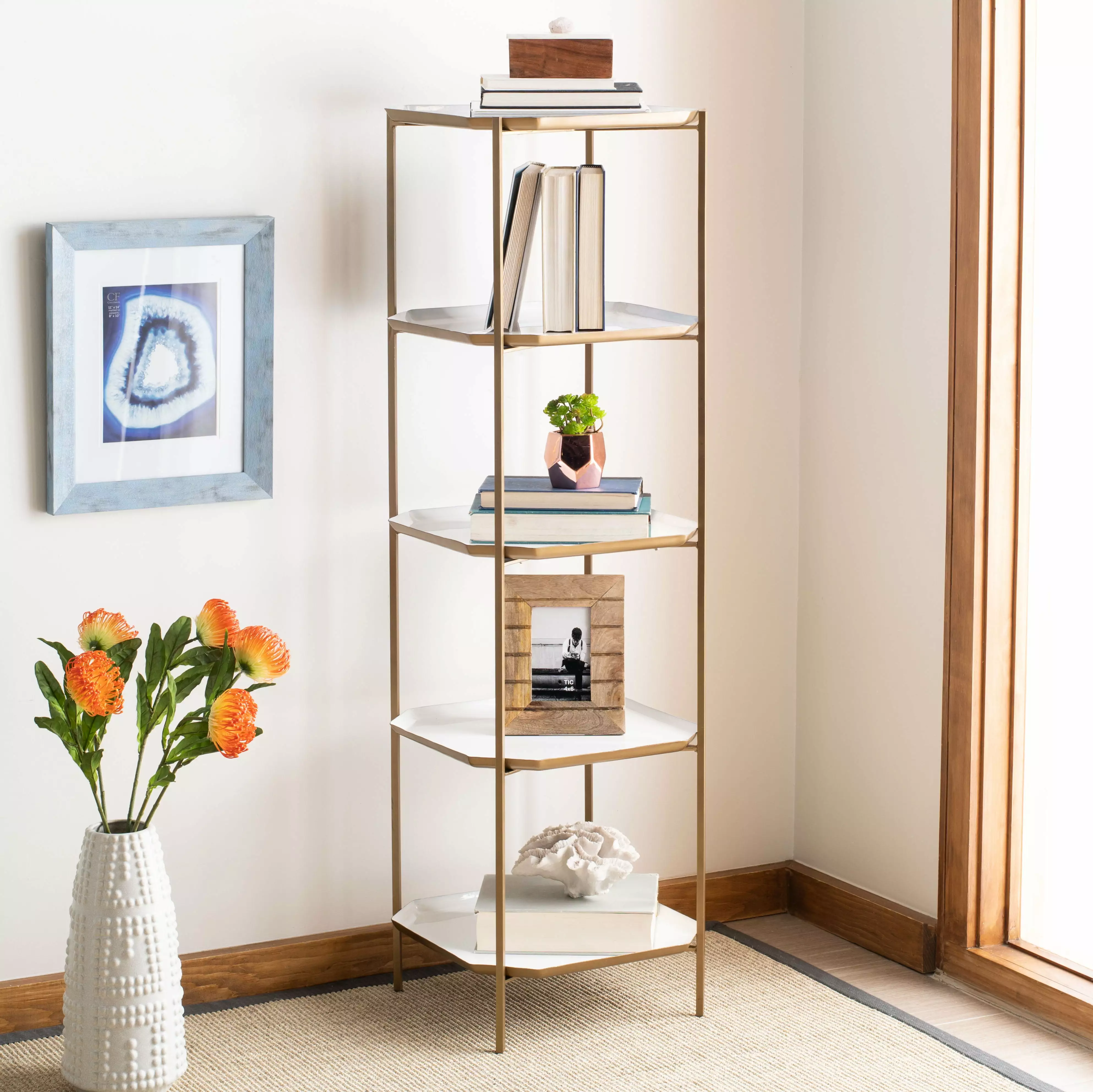 SAFAVIEH Sylvie Modern Glam 5-Tier Etagere. White/Brass