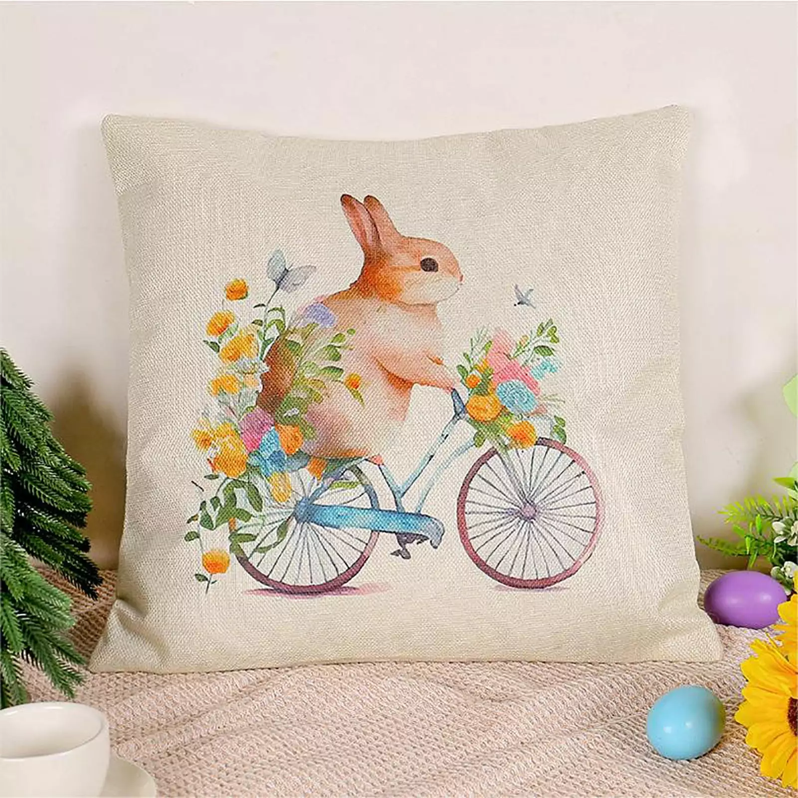 SDJMa Spring Easter Pillow Covers 18x18 Cute Bunny Rabbit Floral Bicycle Easter Decorations Watercolor Pink Blue Flower Decorative Throw Pillow Cases Outdoor Farmhouse Decor for Sofa Couch