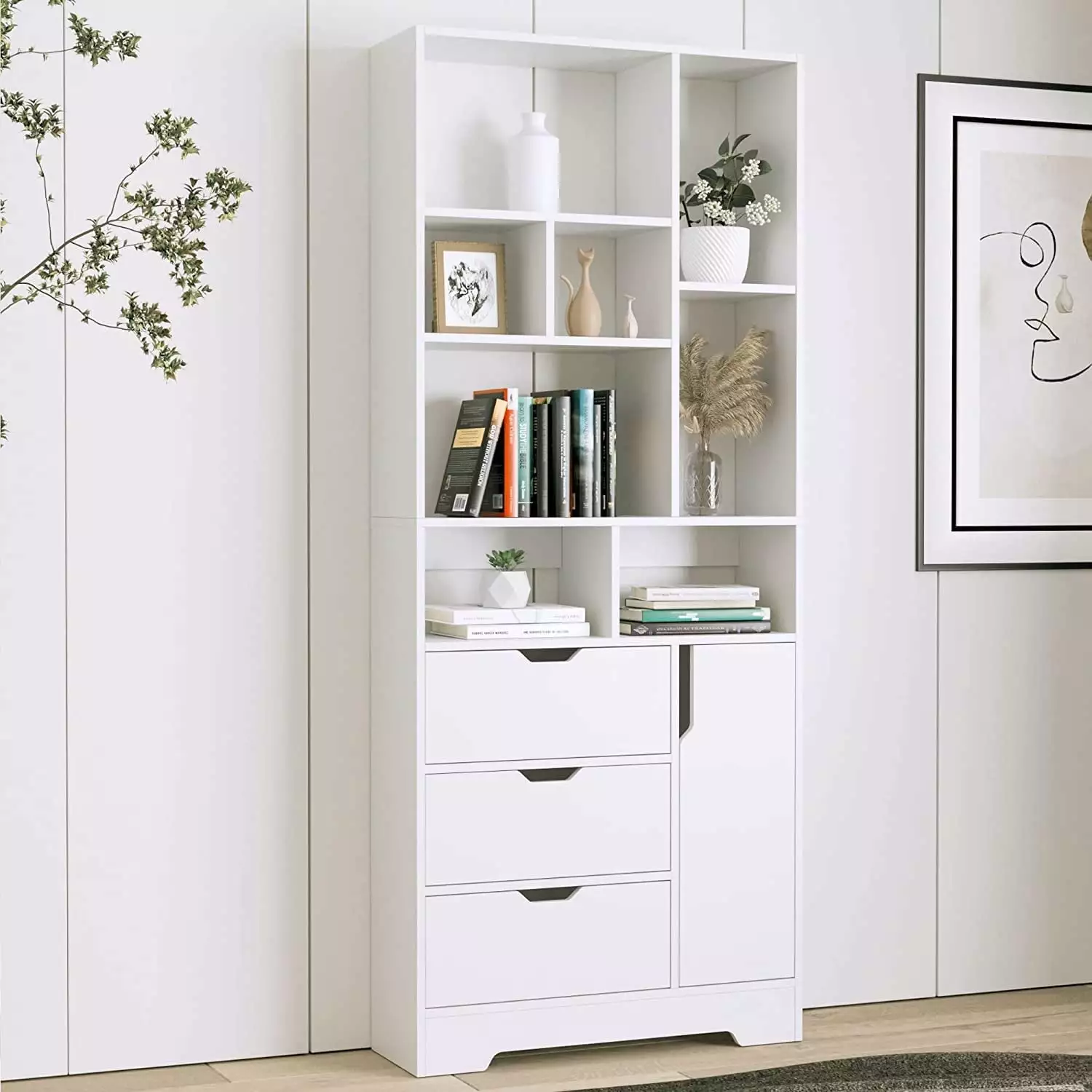 SEJOV 71 White Bookshelf with Door and 3 Drawers Tall Bookcase with Storage Shelves Wood Bookshelf Organizer for Home Office Hallway Study Room