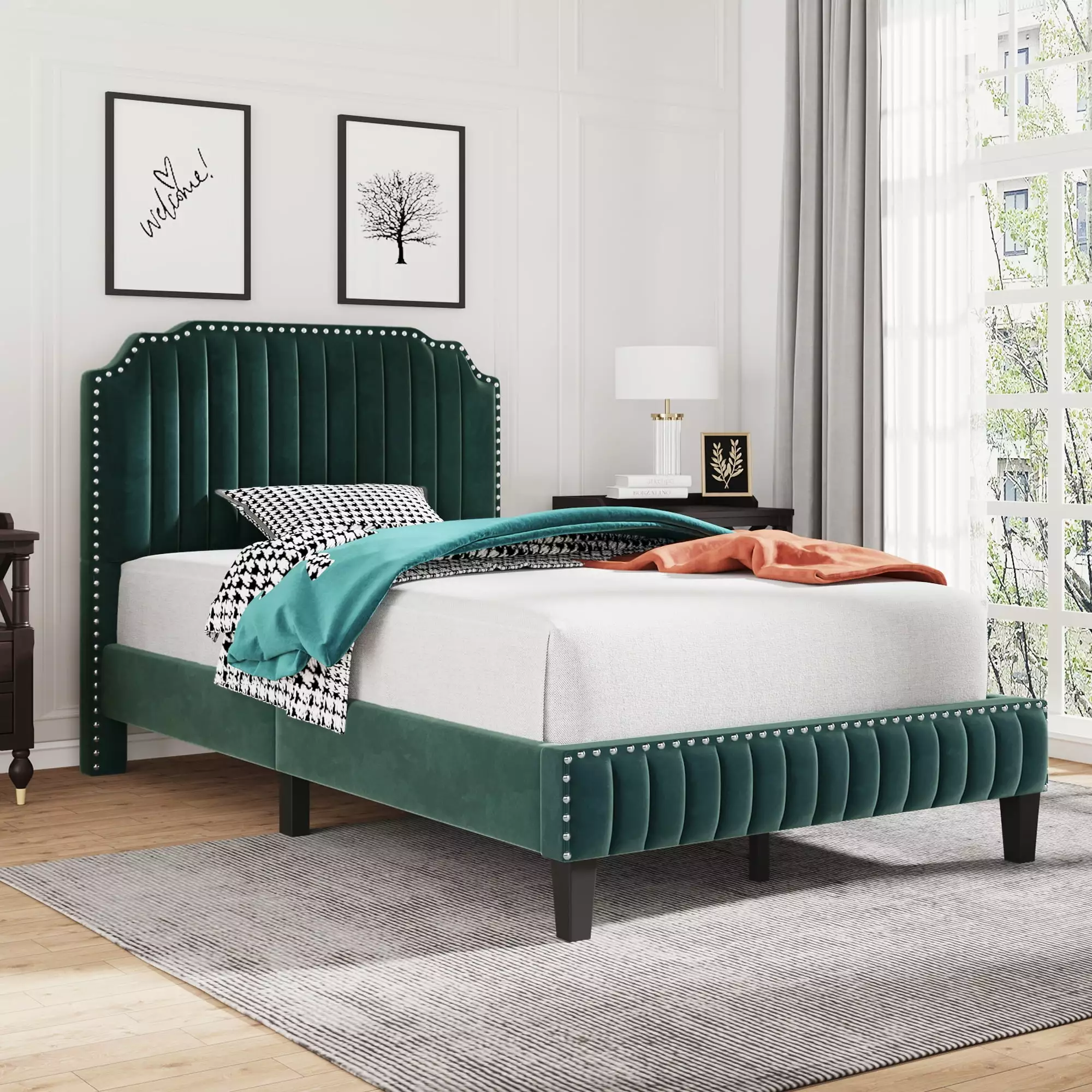 SESSLIFE Full Bed Frame. Upholstered Platform Bed with Nailhead Trim Headboard and Solid Pine Wood Frame. Modern Heavy Duty Full Size Bed Frame Holds Up to 450lbs. No Box Spring Needed. Green