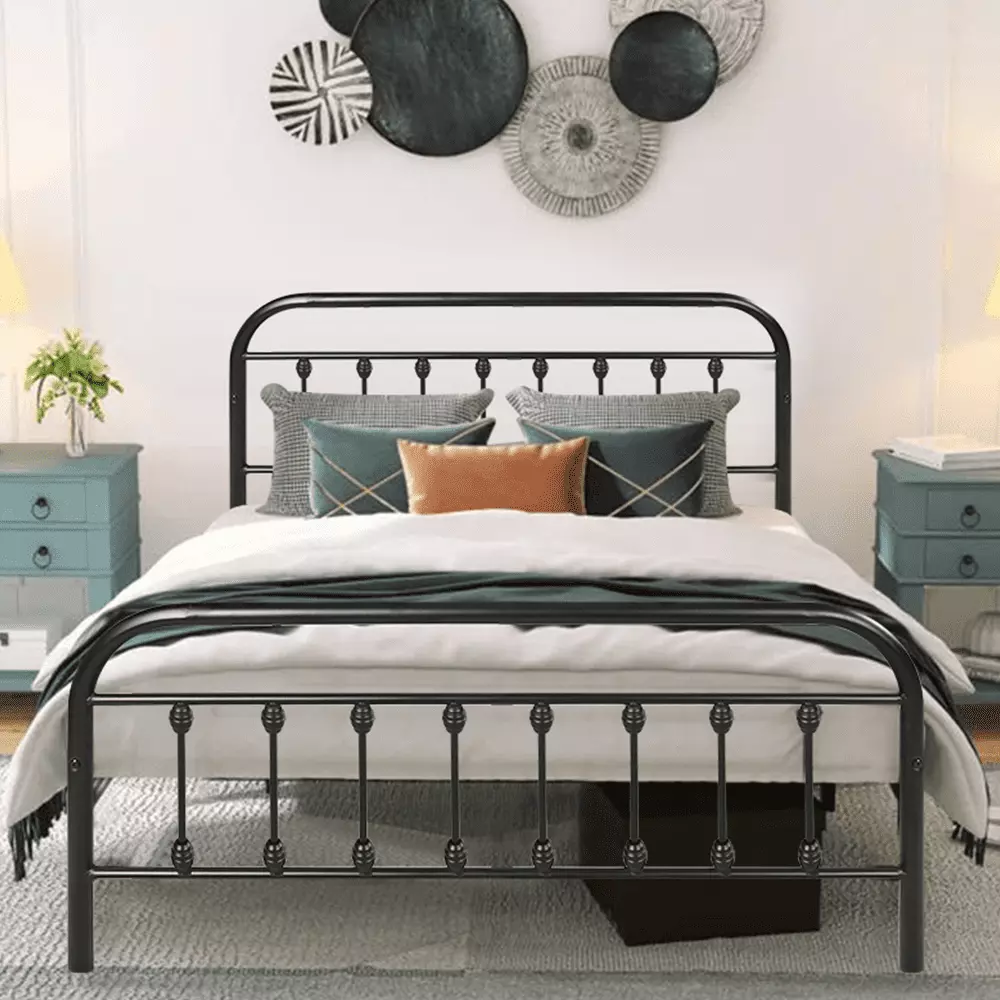 SESSLIFE Full Size Victorian Style Bed with Headboard and Footboard. Iron Bed Frame for Bedroom. No Box Spring Needed. Black