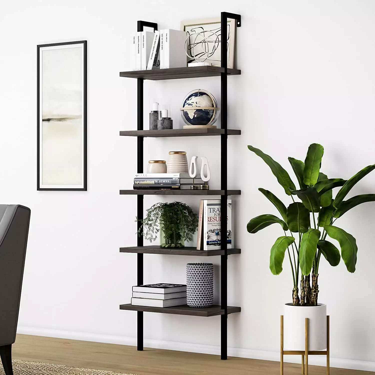 SESSLIFE Industrial Ladder Shelf. 5-Tier Wood Wall-Mounted Bookcase with Stable Metal Frame. 70 Inches Storage Rack Shelves Display Plant Flower. Stand Bookshelf for Home Office