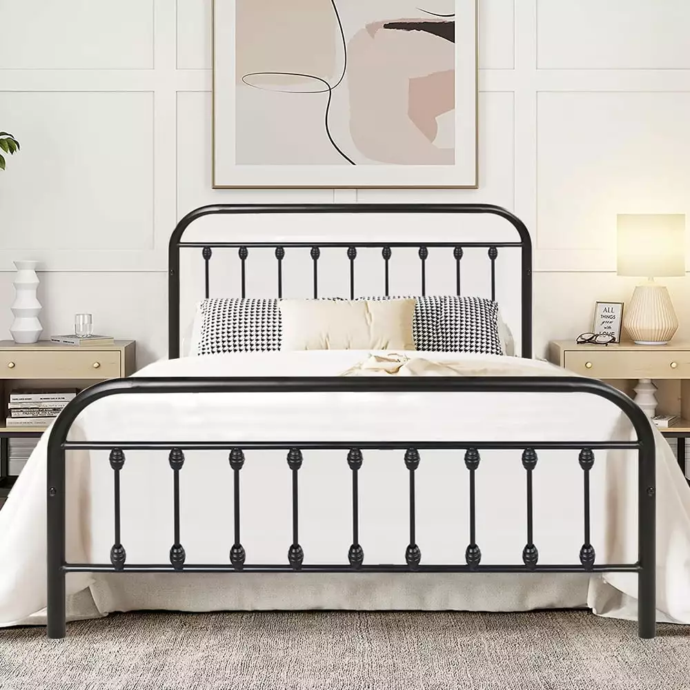 SESSLIFE Metal Bed Frame Queen Size with Vintage Headboard and Footboard. 12.4 Inch Tall Storage Space. No Box Spring Needed