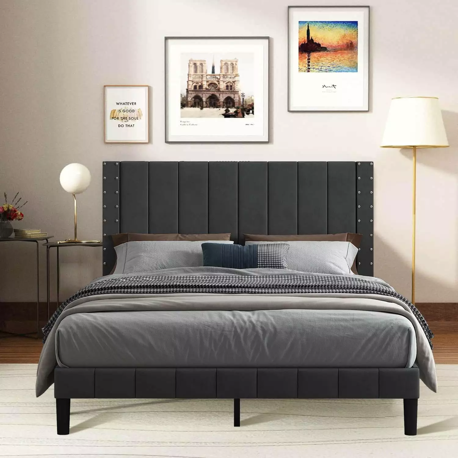 SESSLIFE Queen Upholstered Platform Bed. Gray Queen Bed Frame with Height Adjustable Headboard. Hold 1000 LBS. No Box Spring Needed. Easy Assembly