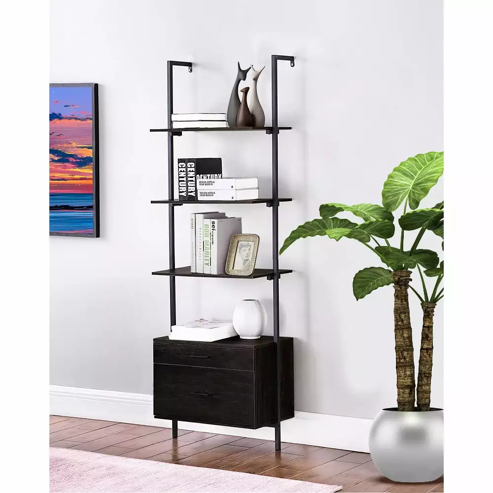 SESSLIFE Tall Bookcase. Wall Mount Bookshelf with 2 Storage Drawers and 3 Shelves. Black Wood with Black Metal Frame