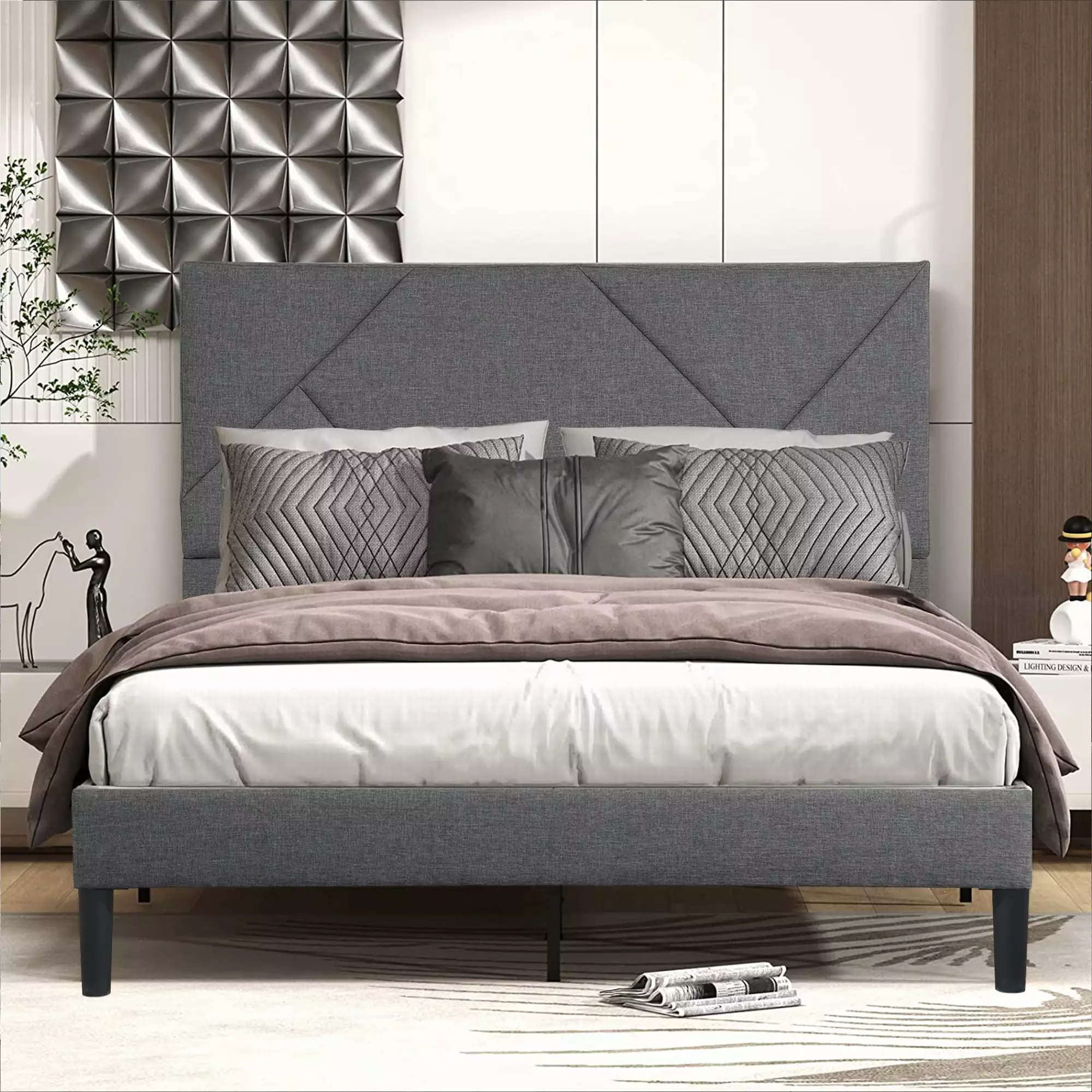 SESSLIFE Velvet Upholstered Platform Bed with Adjustable. Gray Finish Platform Bed. Bed Frame w/ Wood Slat Support and Metal Frame. Mattress Foundation. Non-Slip Without Noise