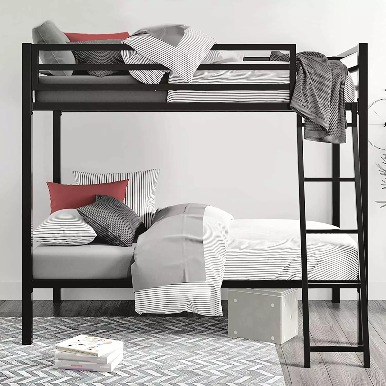 SHA CERLIN Black Twin Over Twin Metal Bunk Bed for Juniors. Industrial Frame with Inclined Stairs & Full-Length Guardrail