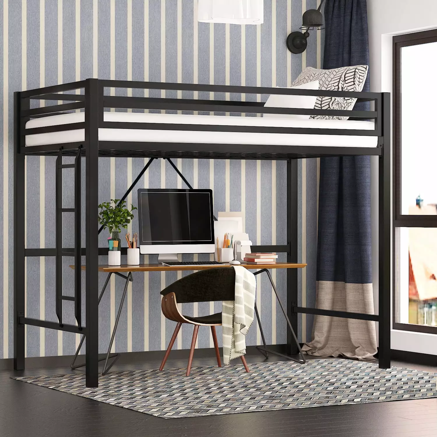 SHA CERLIN Black Twin Size Metal Loft Bed with Removable Ladder & Safety Guard