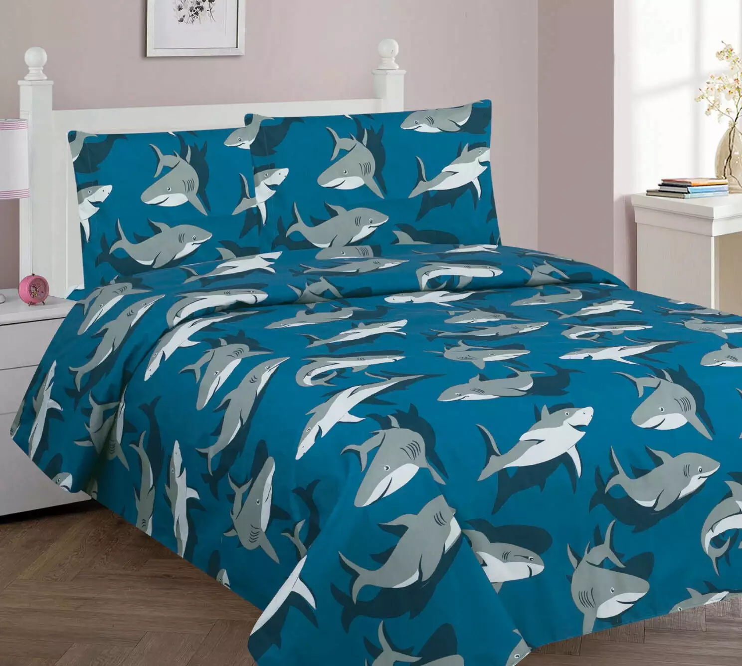 SHARK GREY Full Kids Printed 4pc Sheet Set Premium Collection Modern Bedding Dressing New Designs for Girls/Boys & Toddler