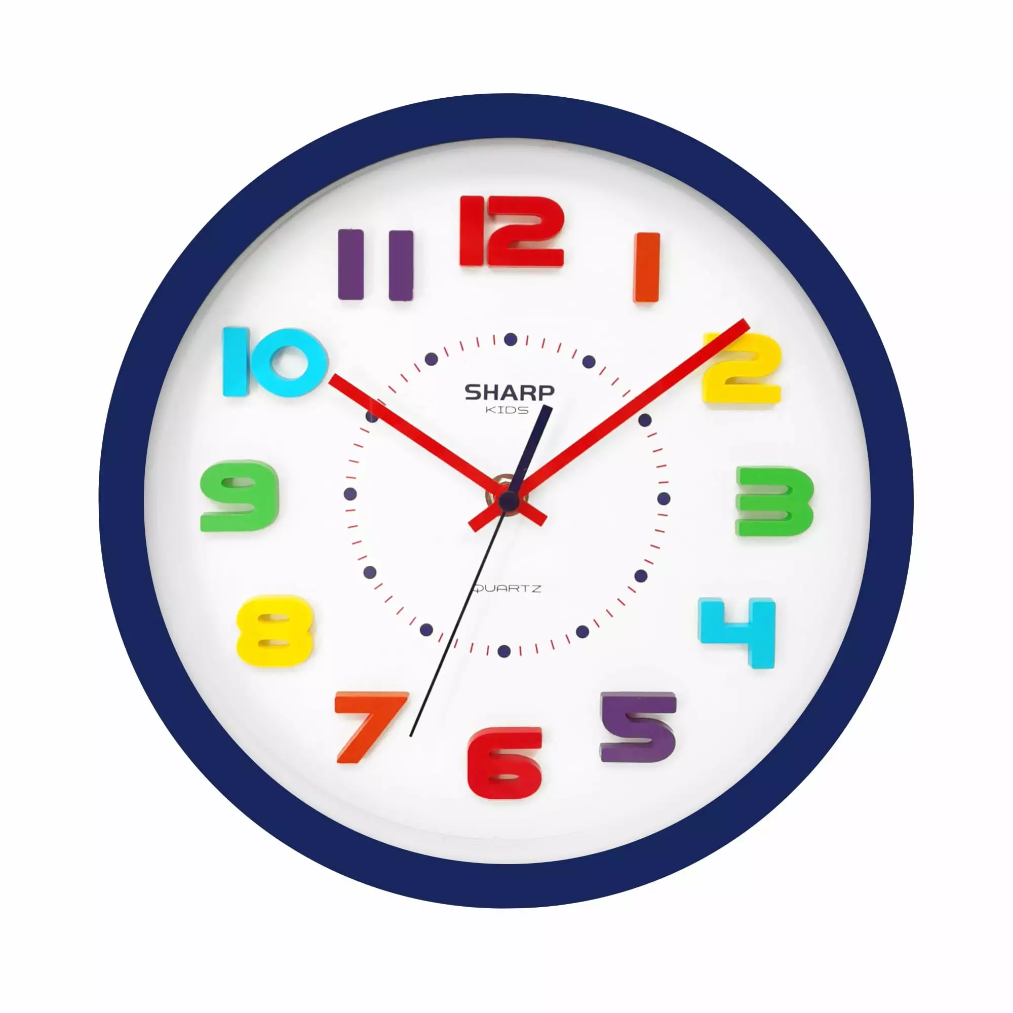 SHARP Colorful Kids Wall Clock 10 Inch Silent Non Ticking Quartz Battery Operated. Easy to Read 3D Refrigerator Magnet Style Multi Colored Numbers - Kids Room. Nursery Classroom Office. Blue Case